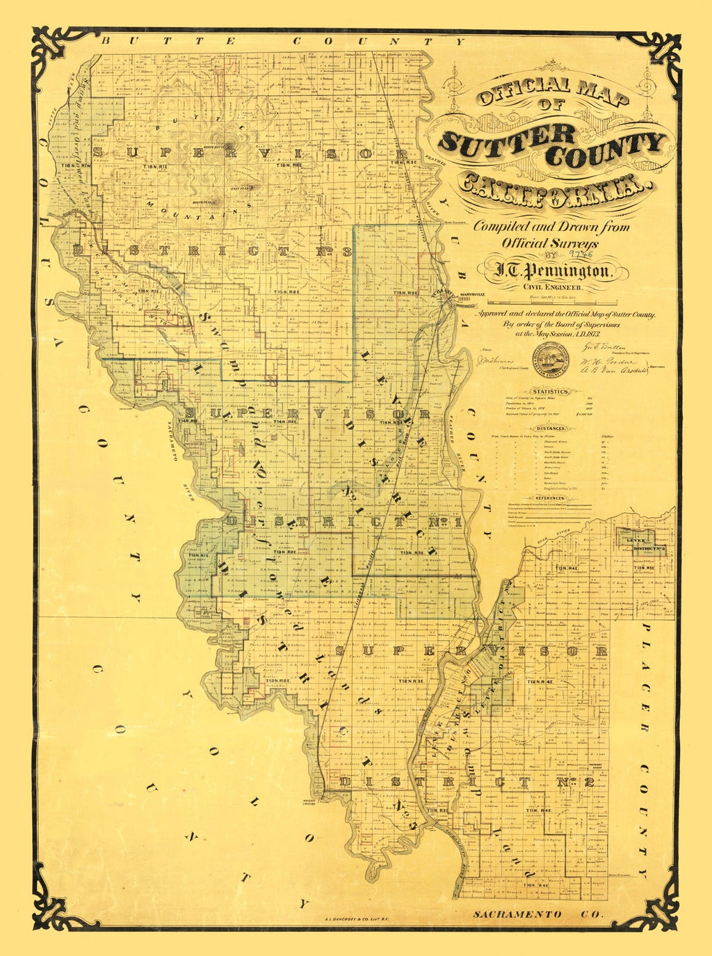 Vintage Map of Sutter County, California 1873