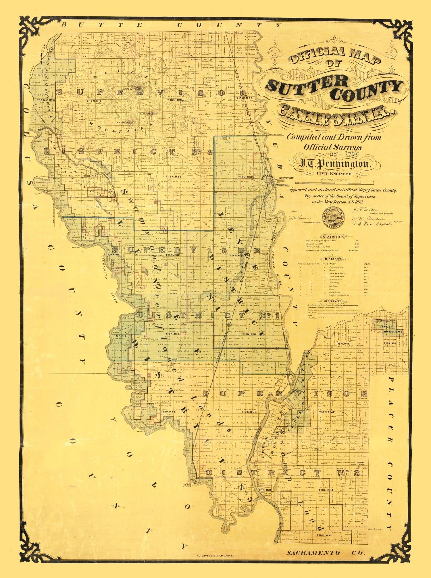 Vintage Map of Sutter County, California 1873