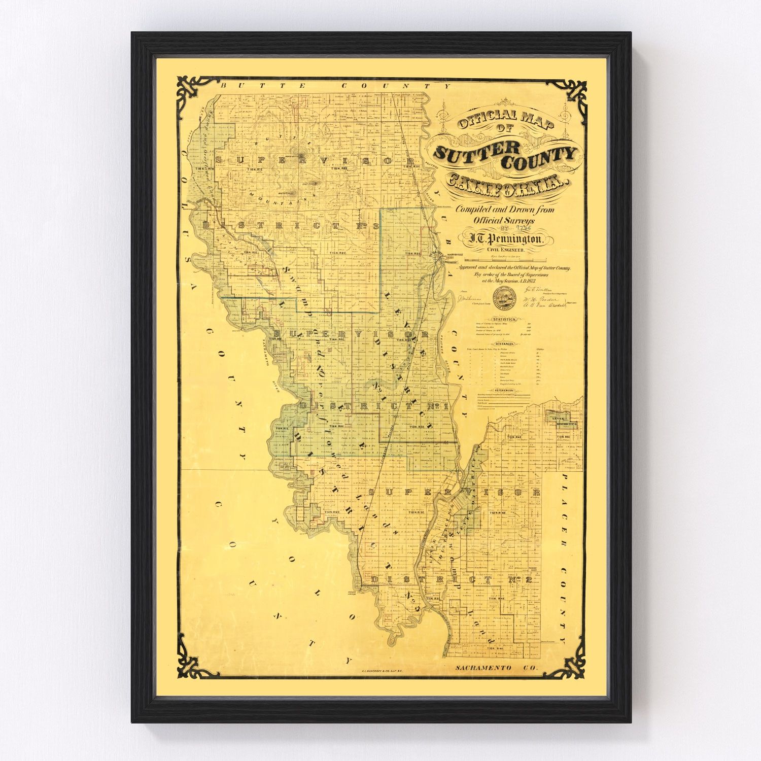 Vintage Map of Sutter County, California 1873