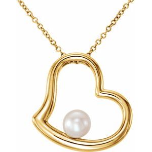 14K Yellow Gold Cultured White Freshwater Pearl Heart 18" Necklace