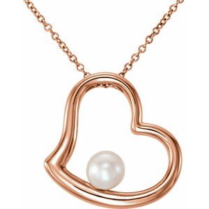 14K Rose Gold Cultured White Freshwater Pearl Heart 18" Necklace
