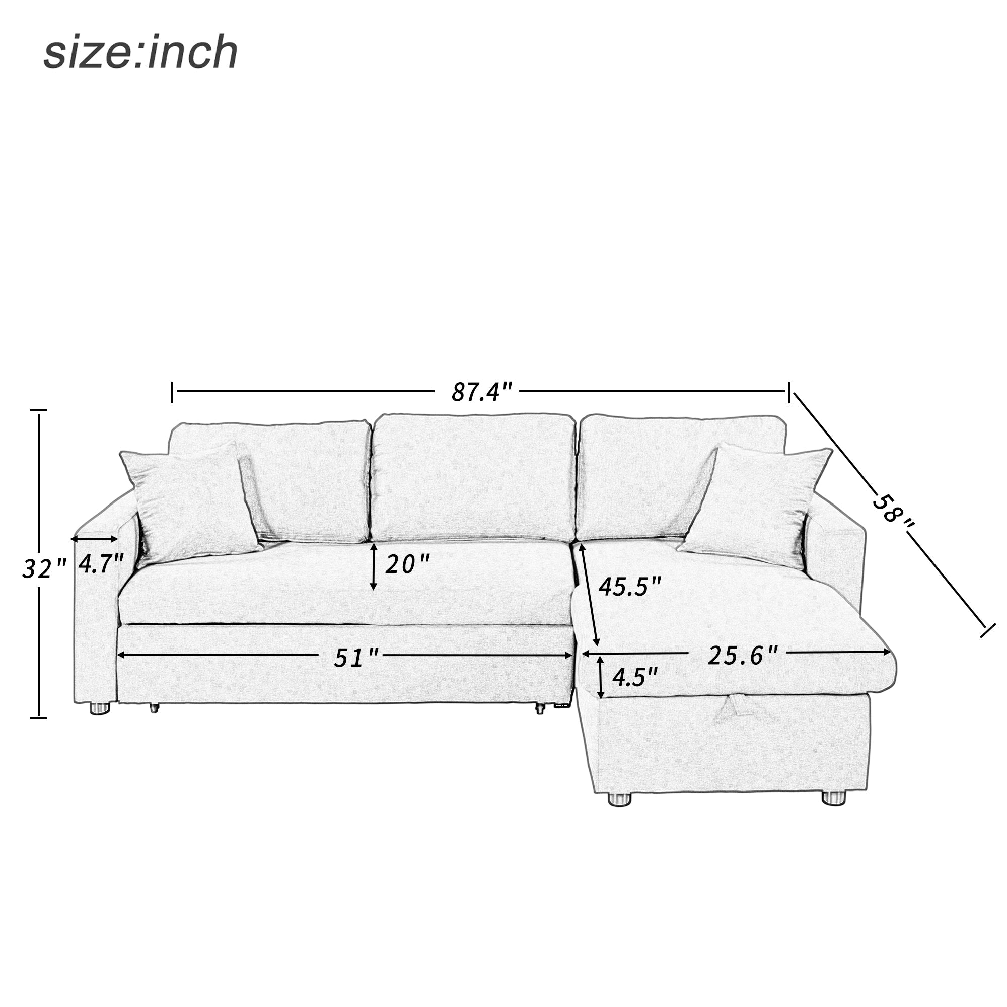 U_STYLE 87.44' Upholstery Sleeper Sectional Sofa Grey with Storage Space, 2 Tossing Cushions
