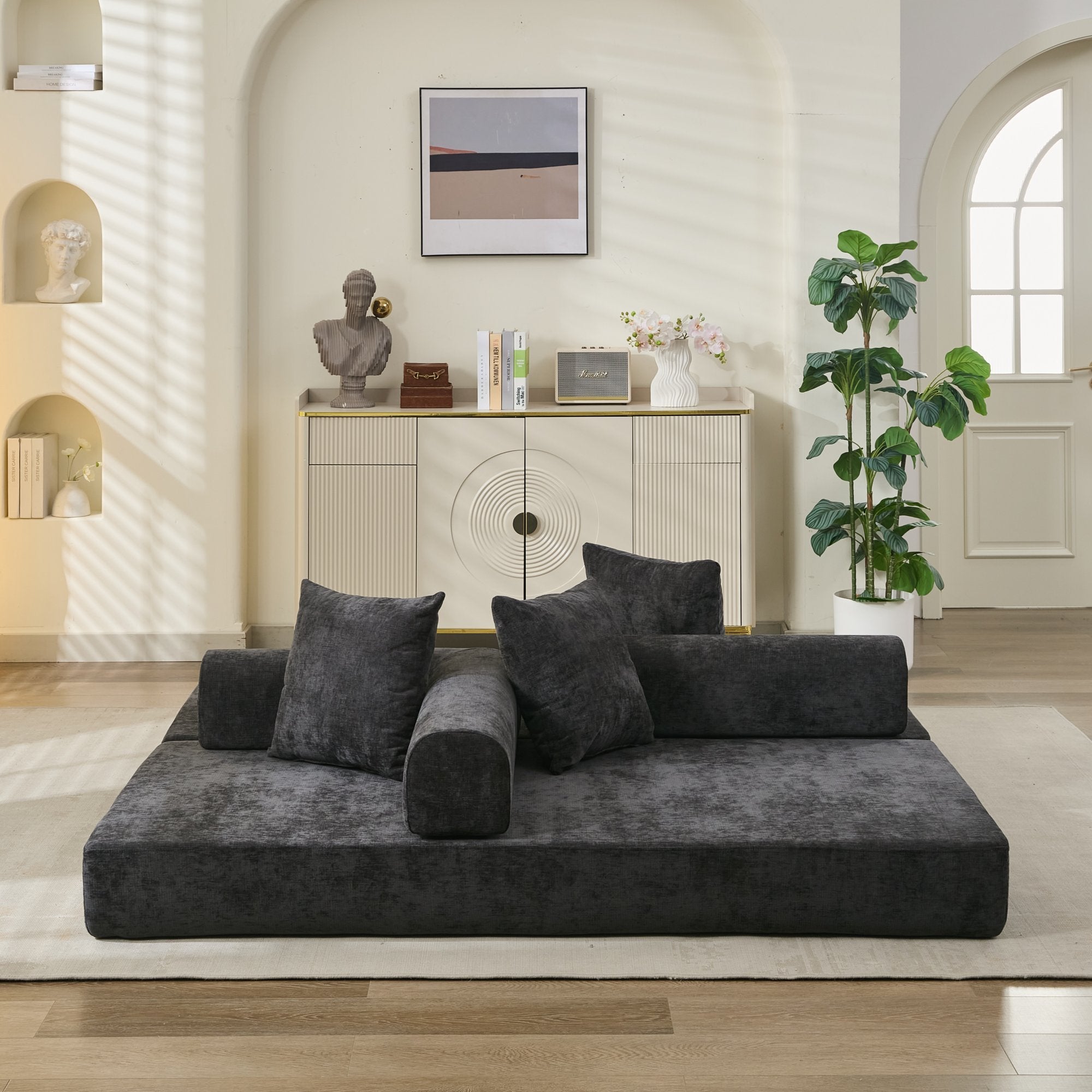 Comfy Convertible Folding Mattress Couch, Floor Sofa Bed, Chenille Floor Sofa with Armrest, Floor Sofa Lounge Couch for Living Room Bedroom Lounge Studio-Black