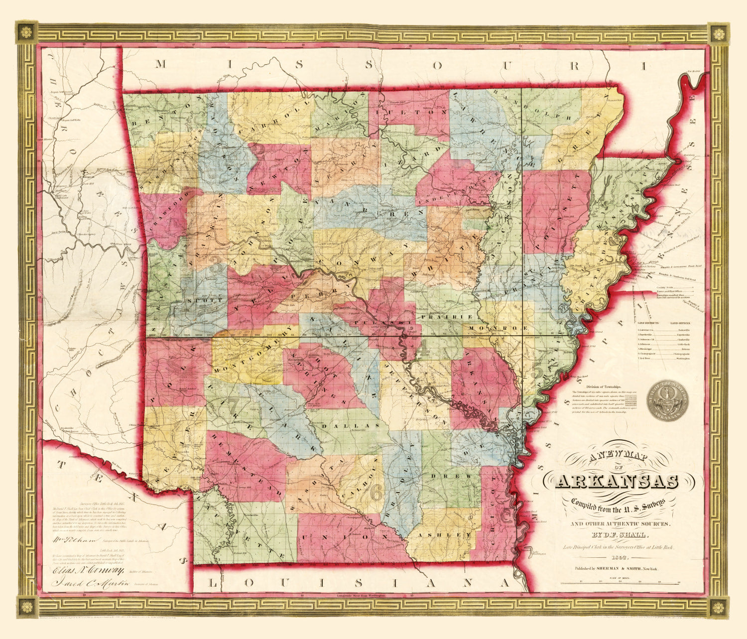 Vintage Map of Arkansas 1852
