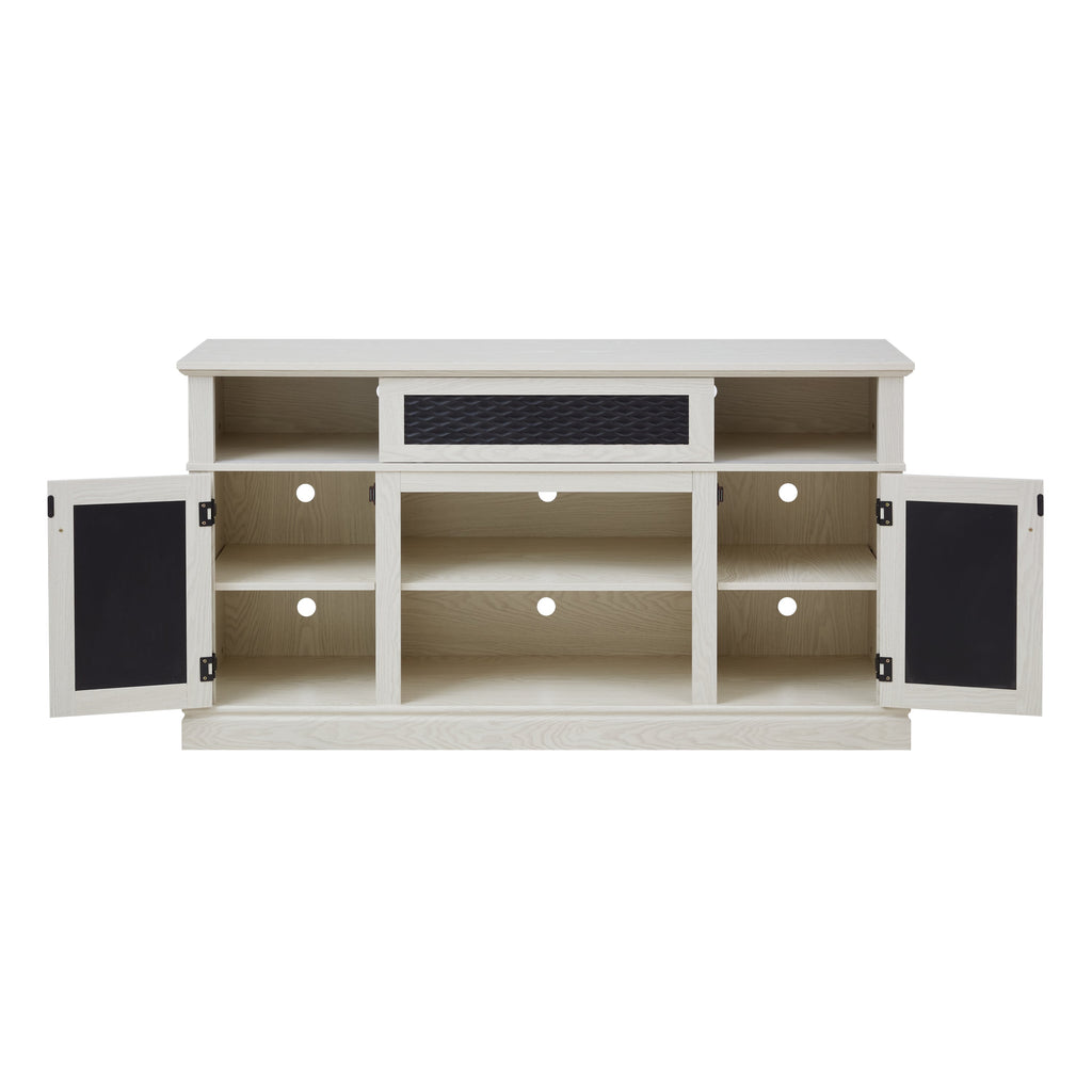 Embossed Pattern TV Stand, TV and Media Console with Open and Closed Storage Space and sliding door for Living Room & Bedroom,White, 58.27'W*15.35'W*31.7H