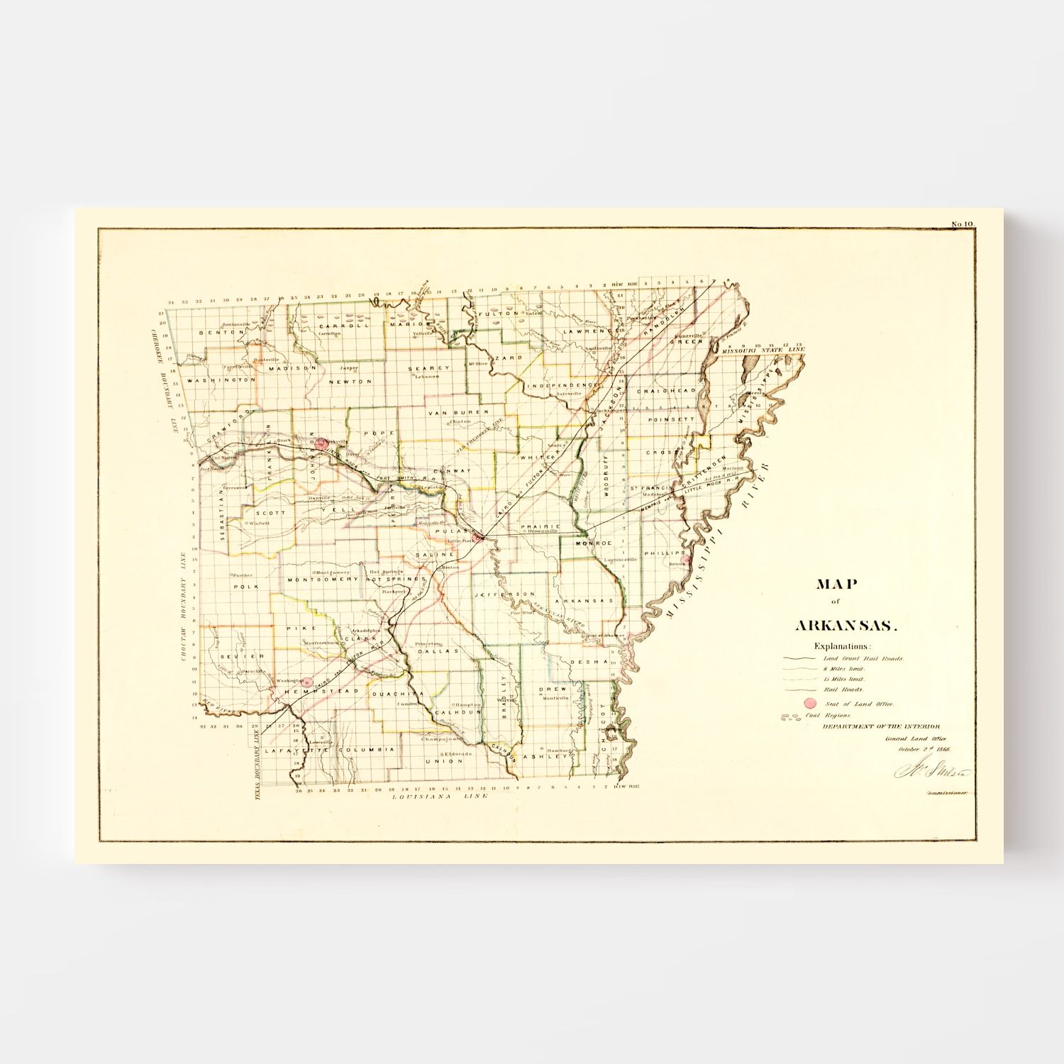 Vintage Map of Arkansas 1866