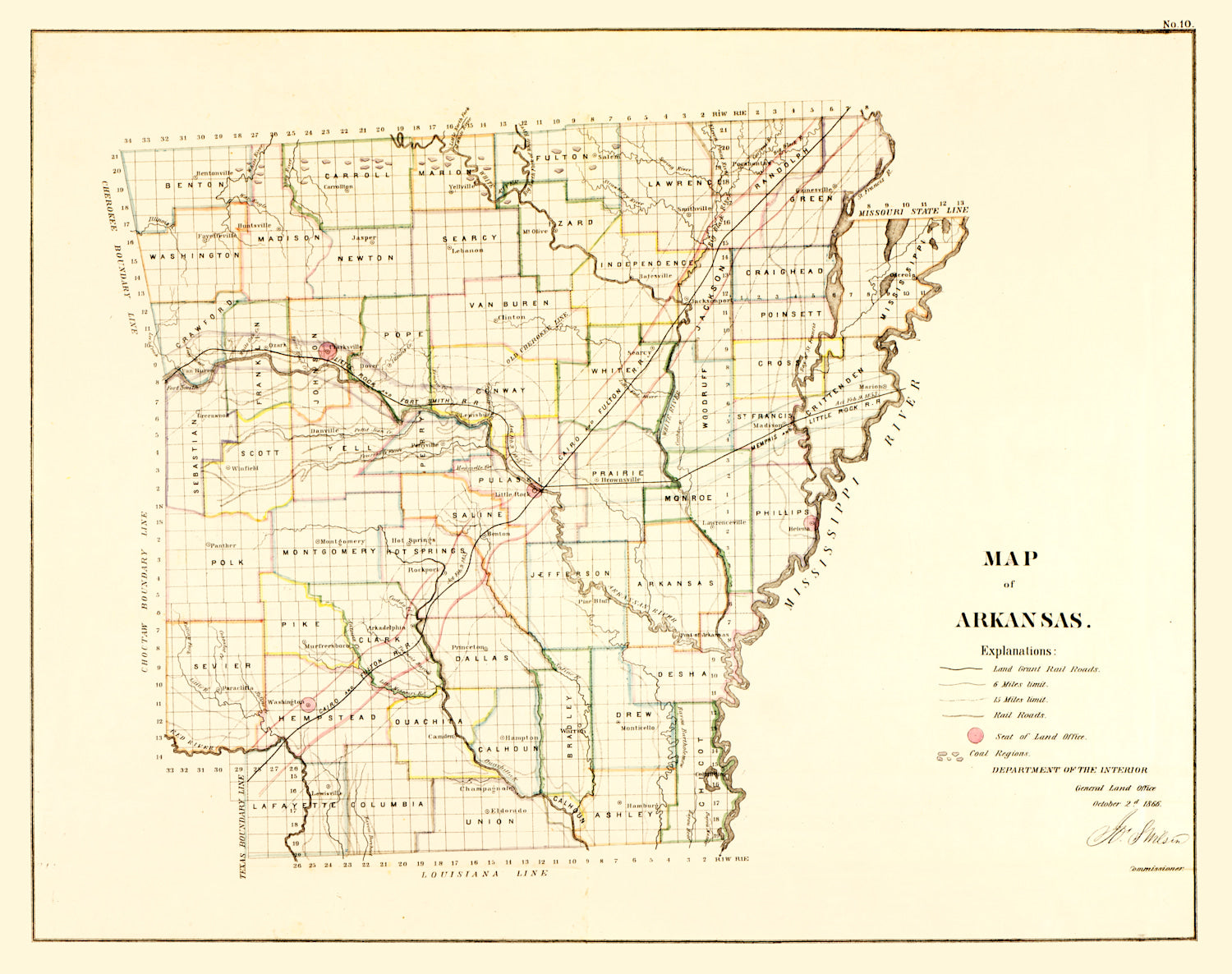 Vintage Map of Arkansas 1866