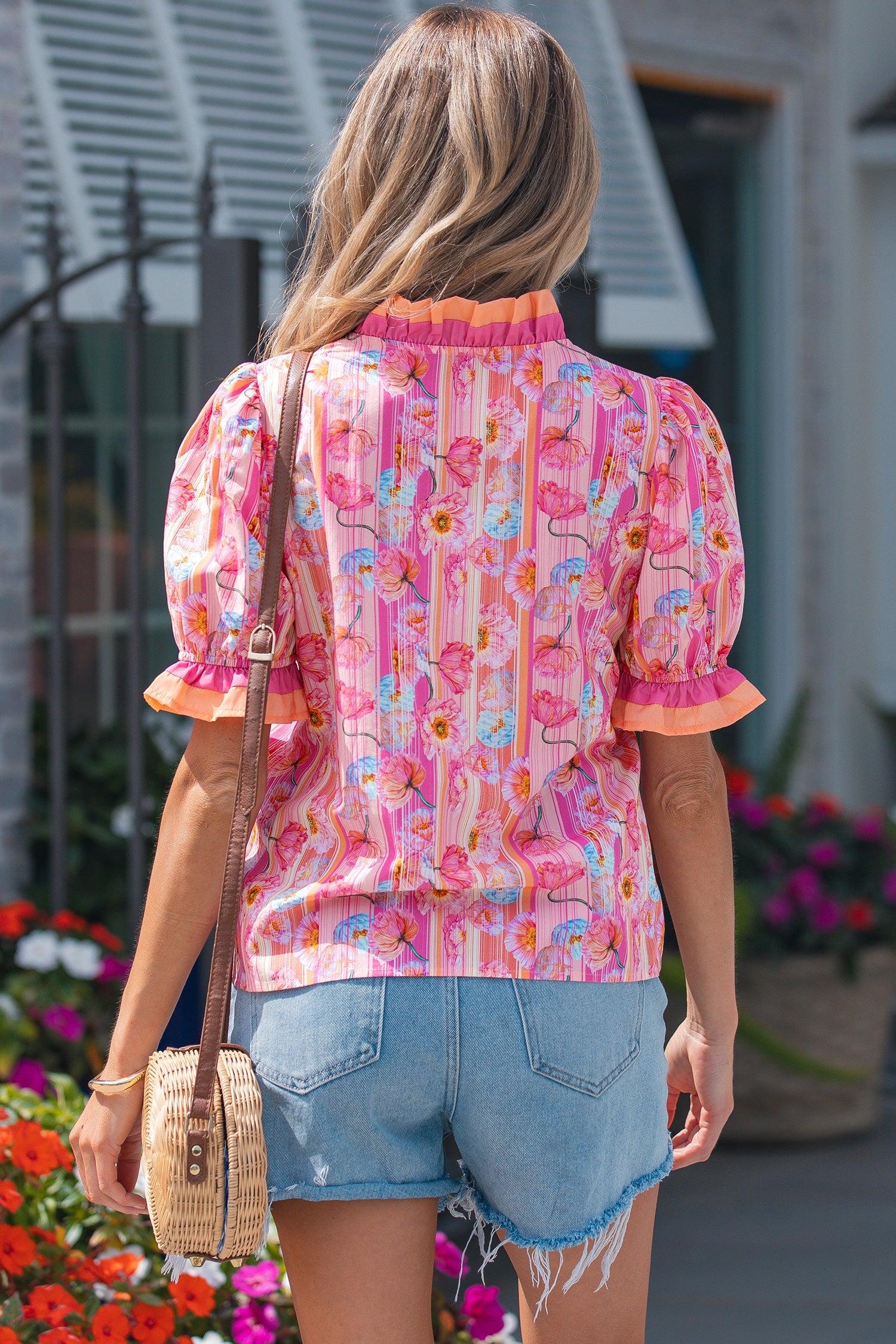 Floral Poppy Stripe Colorblock V-Neck Short Sleeve Blouse
