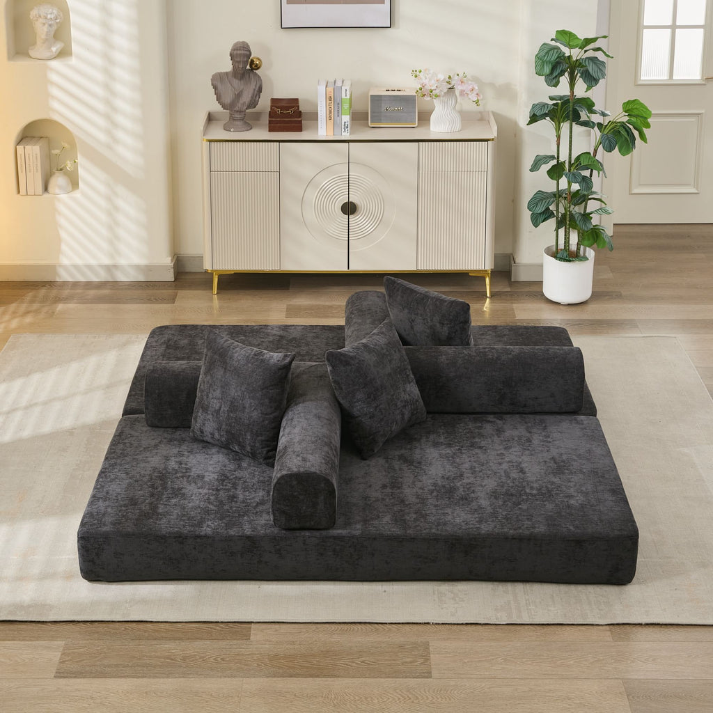 Comfy Convertible Folding Mattress Couch, Floor Sofa Bed, Chenille Floor Sofa with Armrest, Floor Sofa Lounge Couch for Living Room Bedroom Lounge Studio-Black