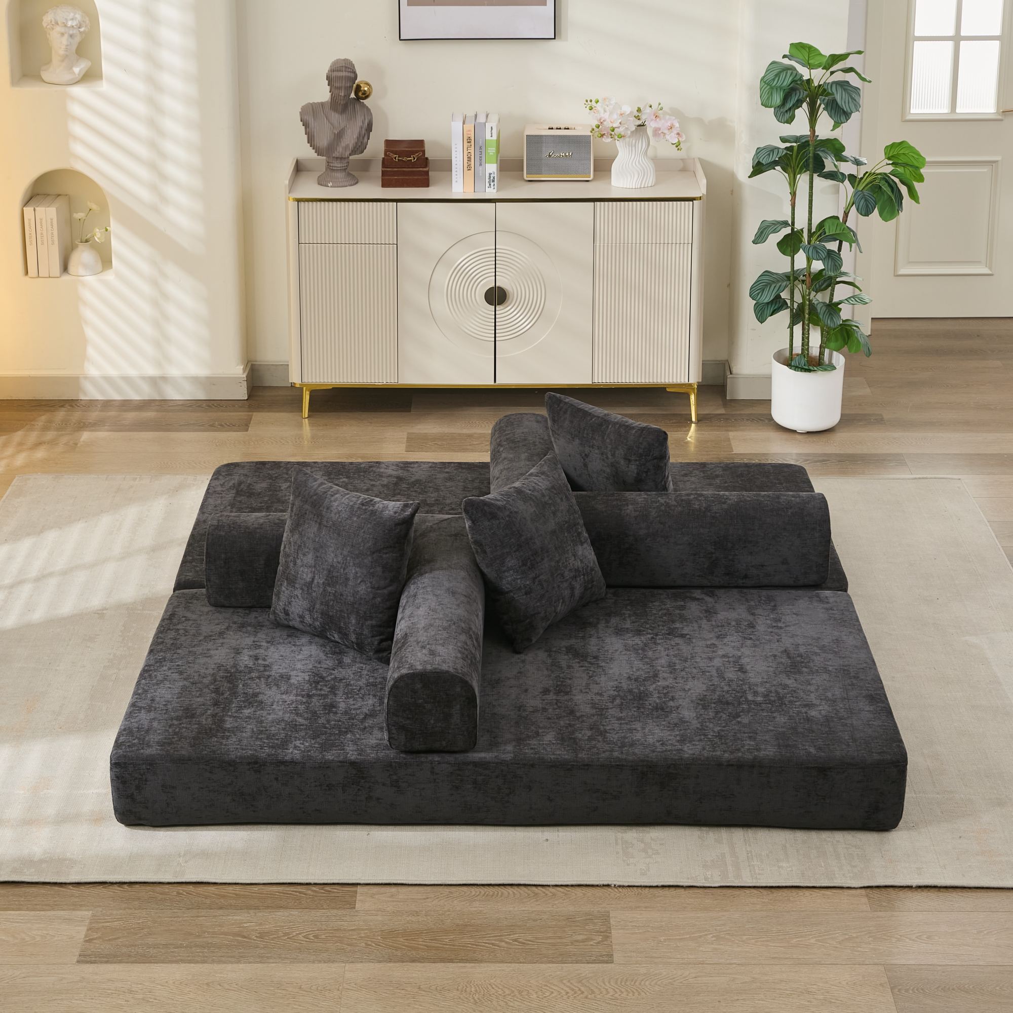 Comfy Convertible Folding Mattress Couch, Floor Sofa Bed, Chenille Floor Sofa with Armrest, Floor Sofa Lounge Couch for Living Room Bedroom Lounge Studio-Black