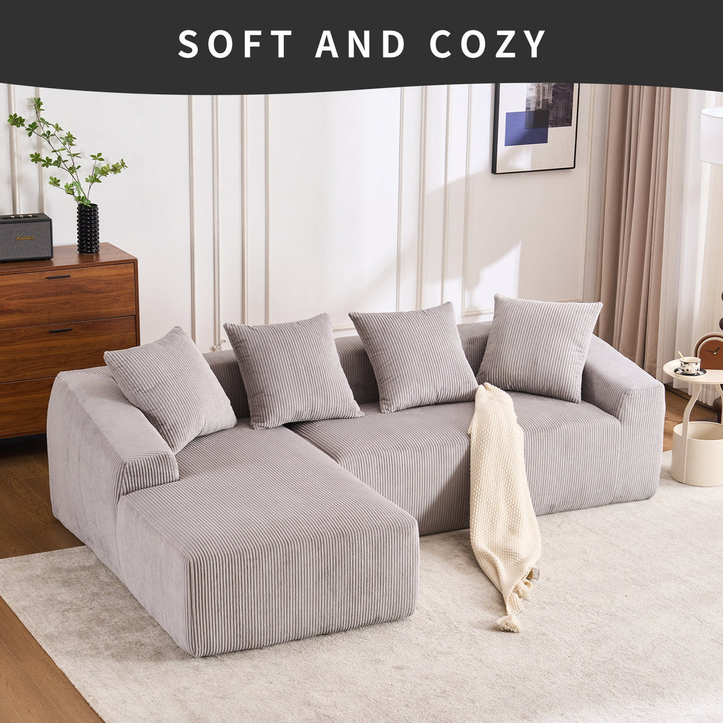LY-023 LIGHT GREY COMPRESSION SOFA: Combining chaise longue with 3-seater, Corduroy Fabric, full sponge compression sofa,combined sofa with 4 pillows for living/ Home Furniture/ Apartment