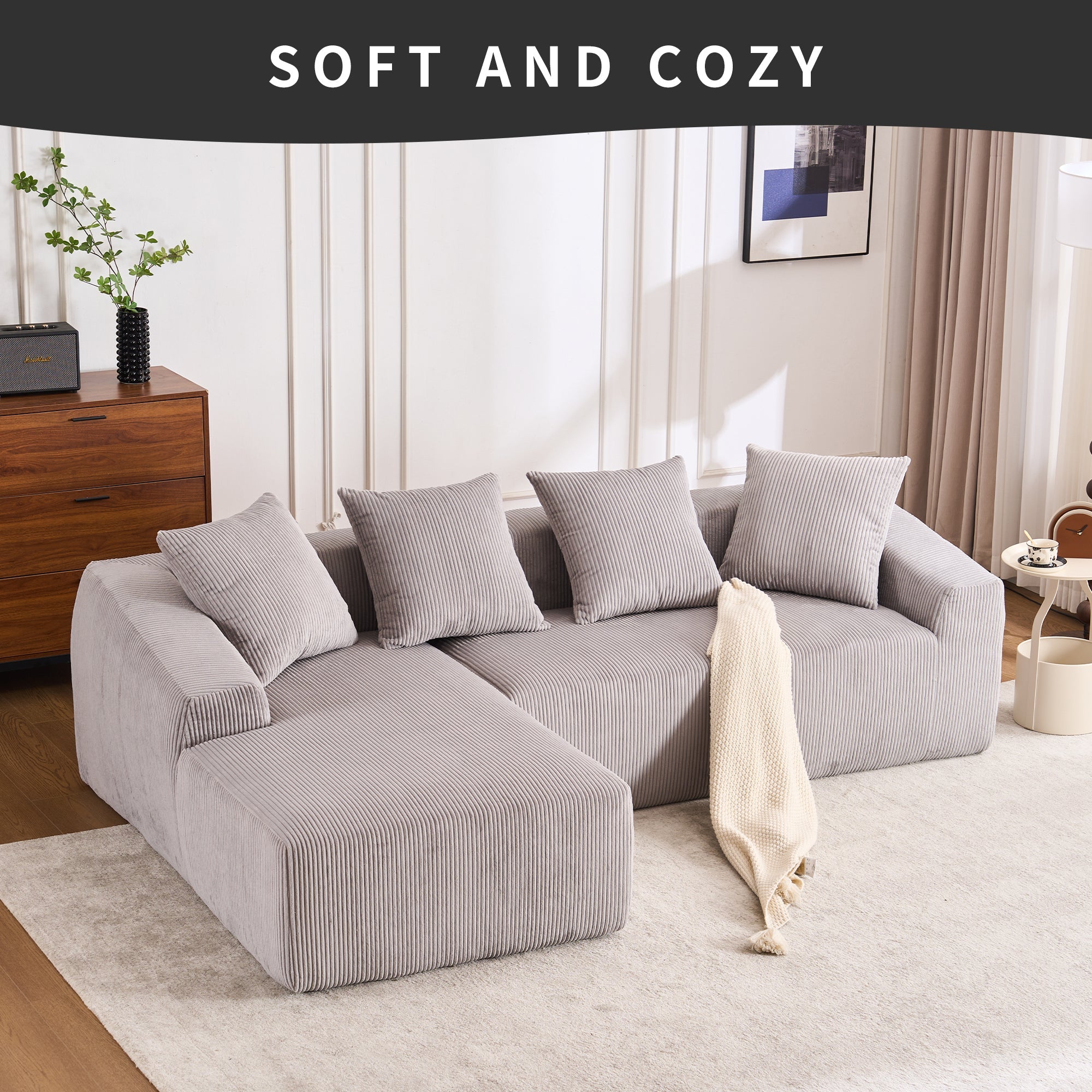LY-023 LIGHT GREY COMPRESSION SOFA: Combining chaise longue with 3-seater, Corduroy Fabric, full sponge compression sofa,combined sofa with 4 pillows for living/ Home Furniture/ Apartment