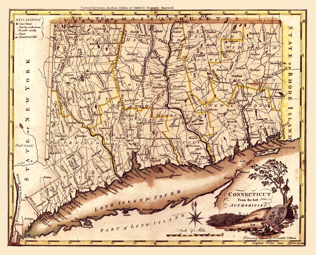 Vintage Map of Connecticut 1795