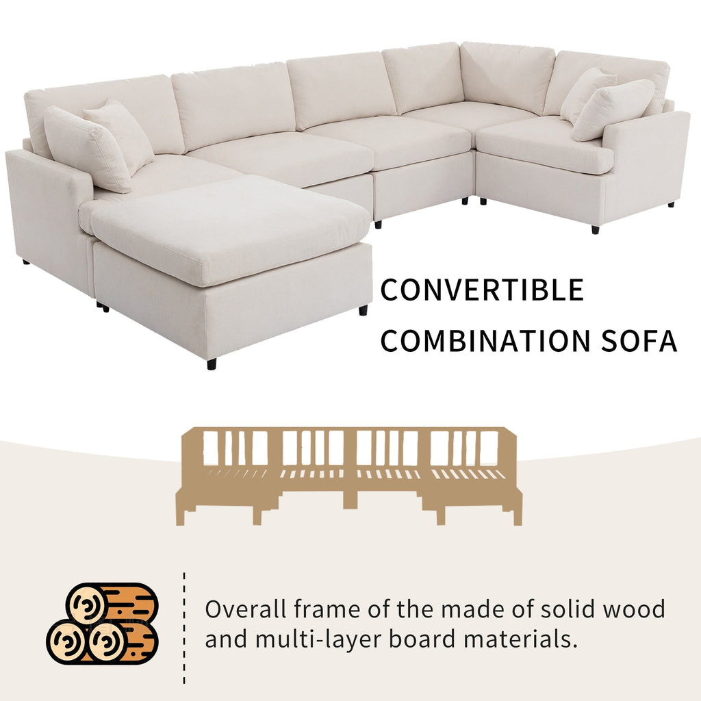 [ Video Provided]U_STYLE Upholstered Sectional Sofa with Removable Ottoman,U-Shape 6 Seat Sectional Couch,  for Living Room,,Apartment, Spacious Space