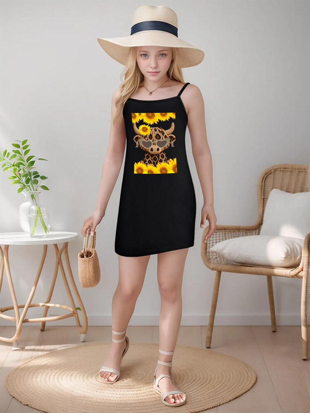 Yarn Highland Cow with Sunflowers Dress with Shoulder Straps for Girls