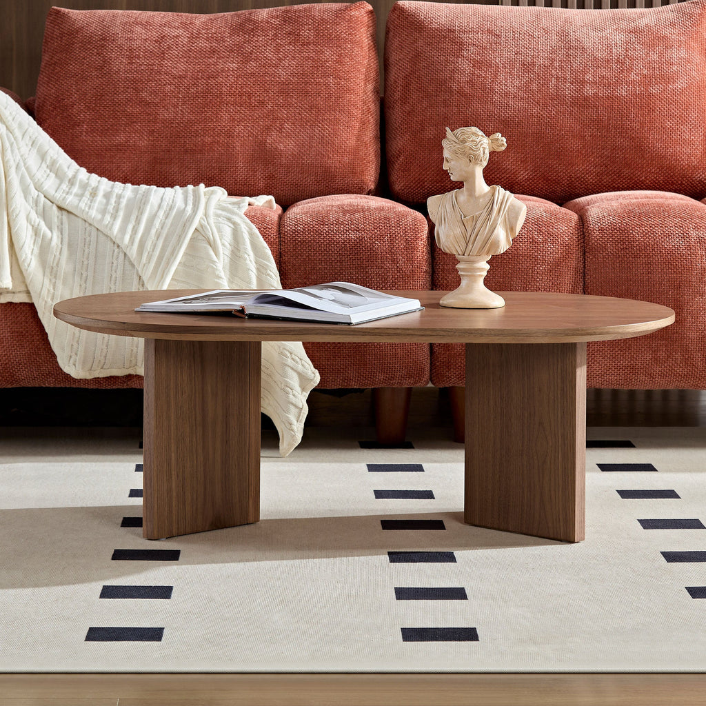 Length 39.37 Inch Modern Coffee Table,MDF Oval Coffee Table for Living Room,Small Coffee Table with Sturdy Pedestal for Apartment,Bedroom,Walnut