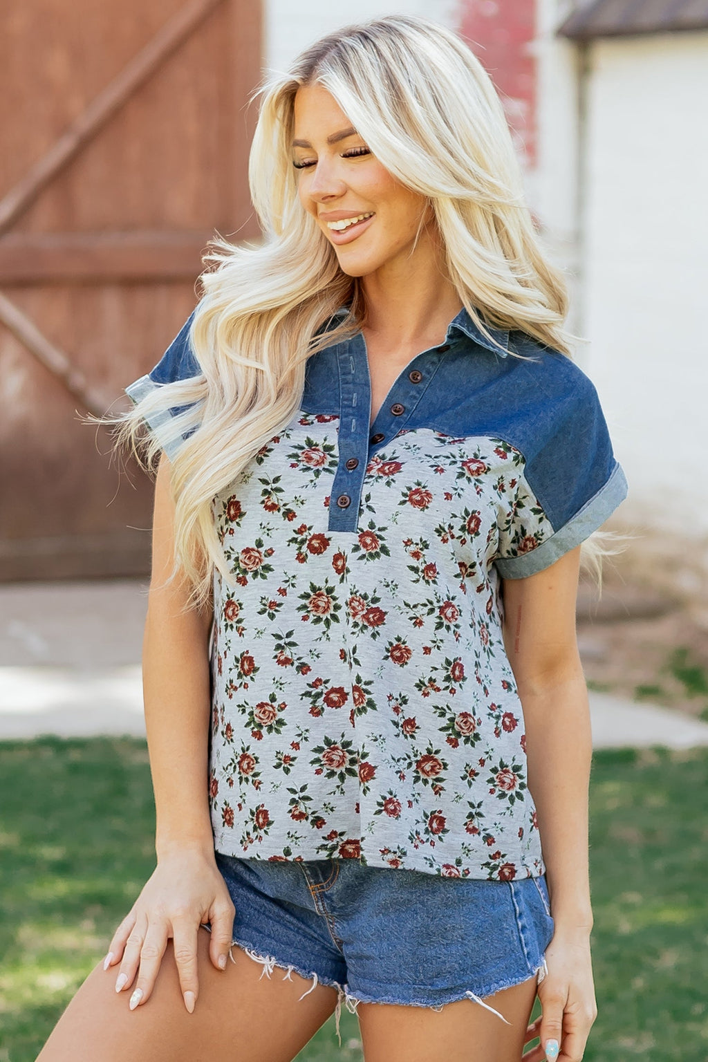 Floral Retro Denim Patchwork Buttoned Collar Top