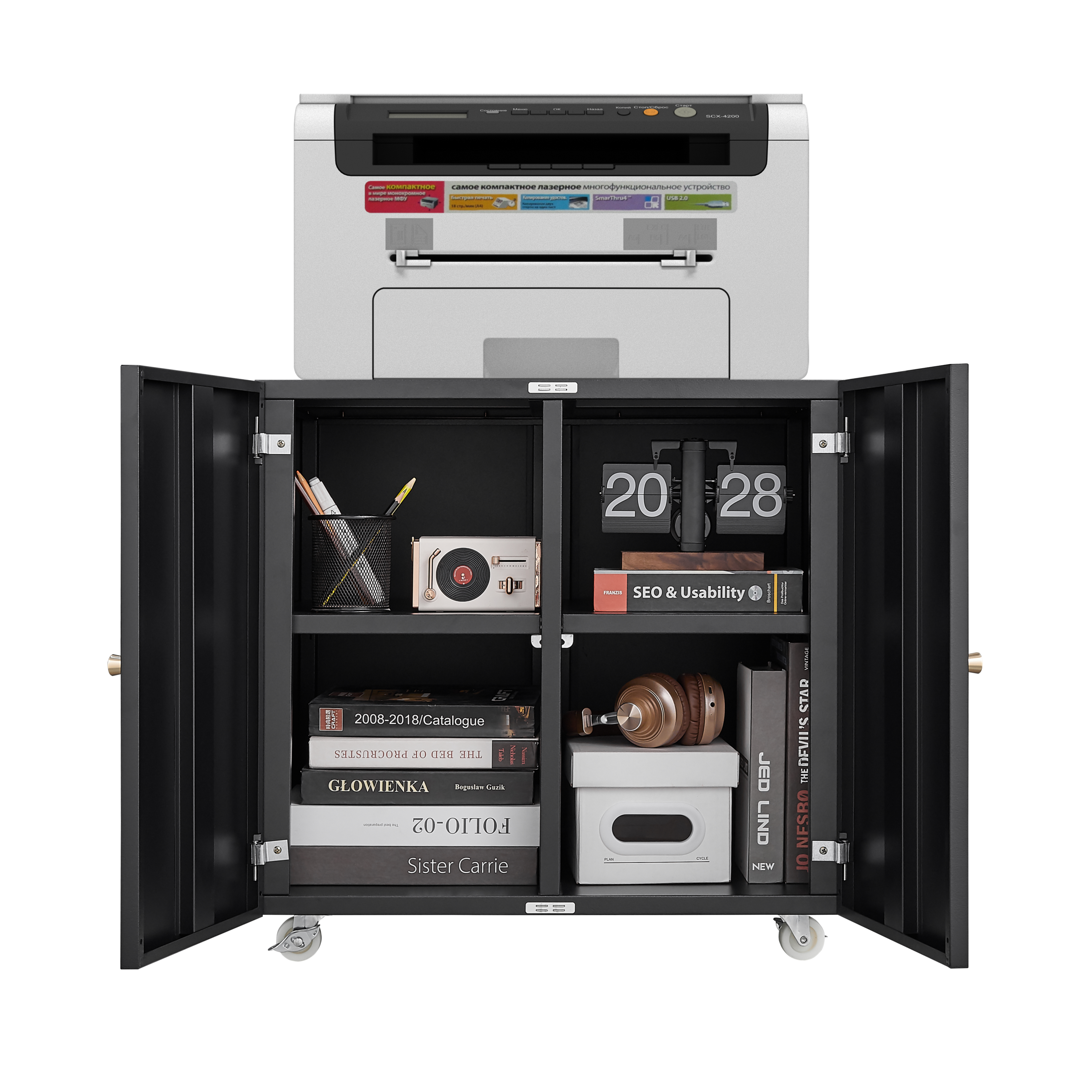 Home Office Printer Stand with Wheels, Printer Tables with File door  Mobile Lateral Filing Cabinet with Open Storage Shelf for Letter/Legal/A4 Size Files,