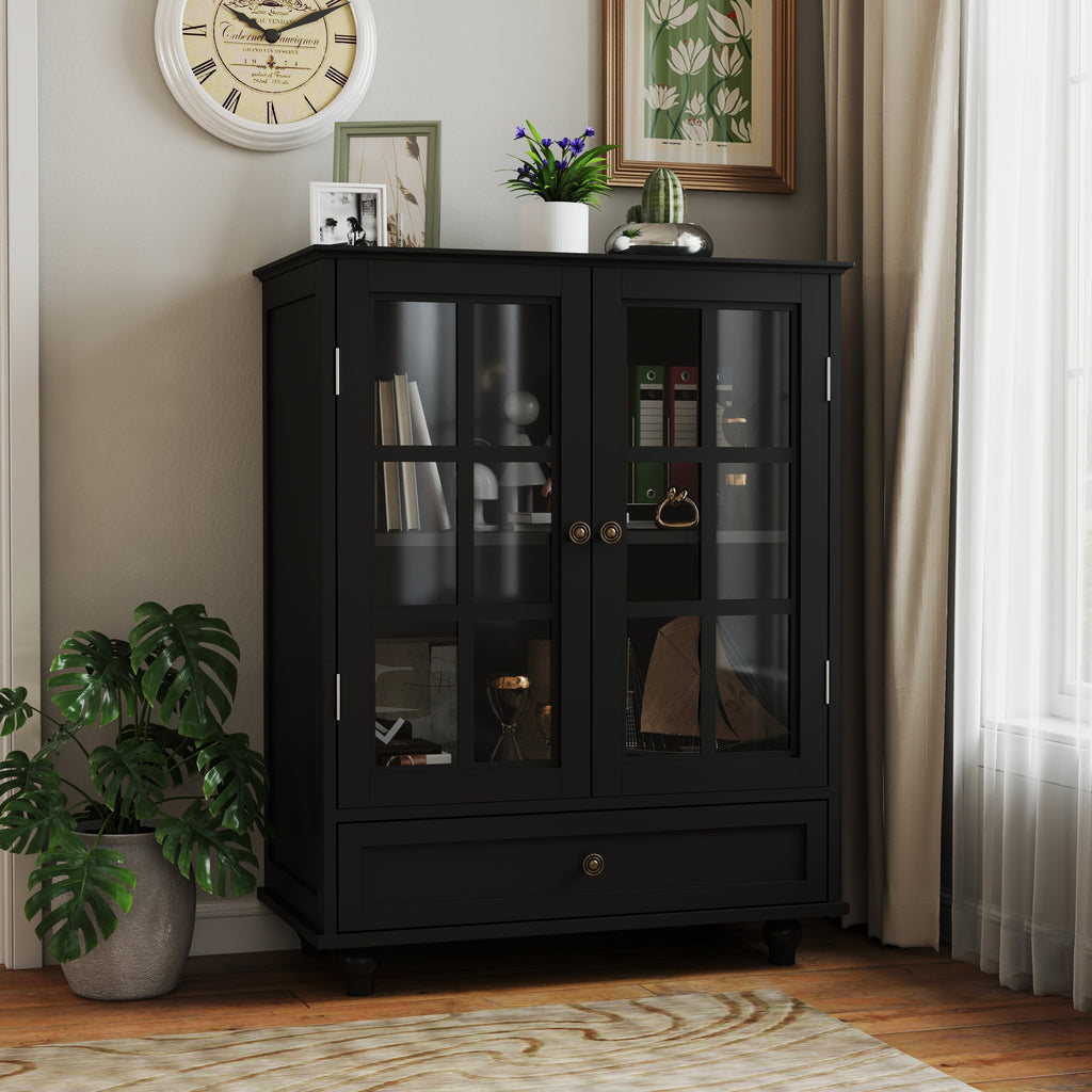 Minimalist Buffet Cabinet with Double Glass Doors and Drawer, Modern Wooden Storage Sideboard in Black