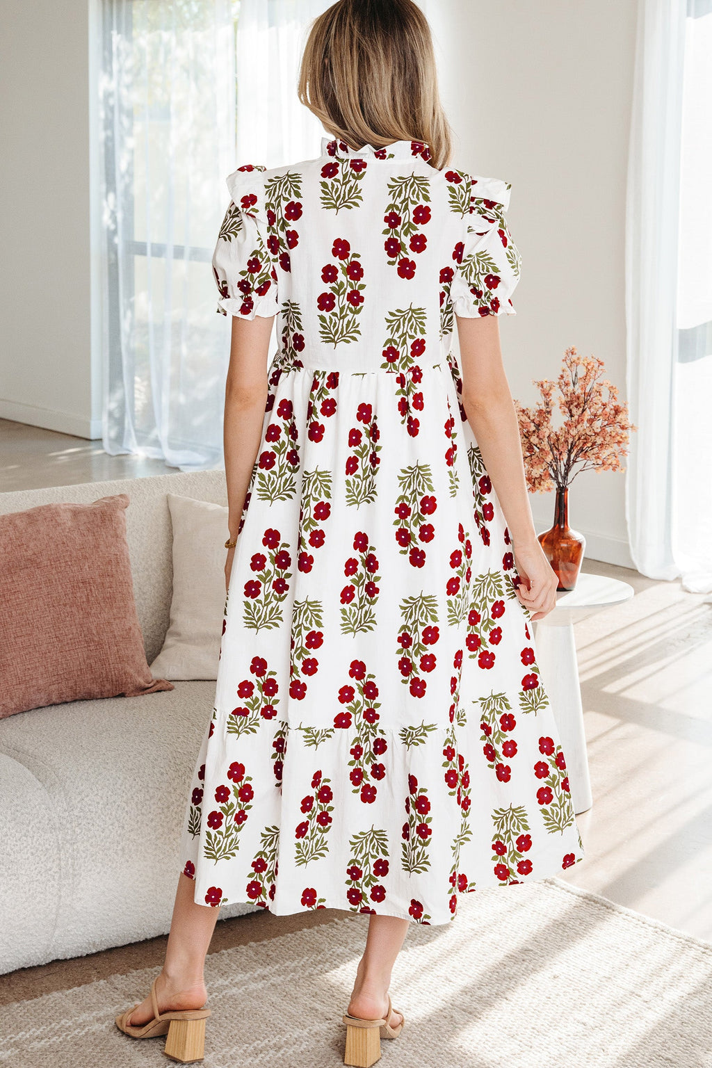 Floral Bubble Sleeve Tiered Maxi Dress