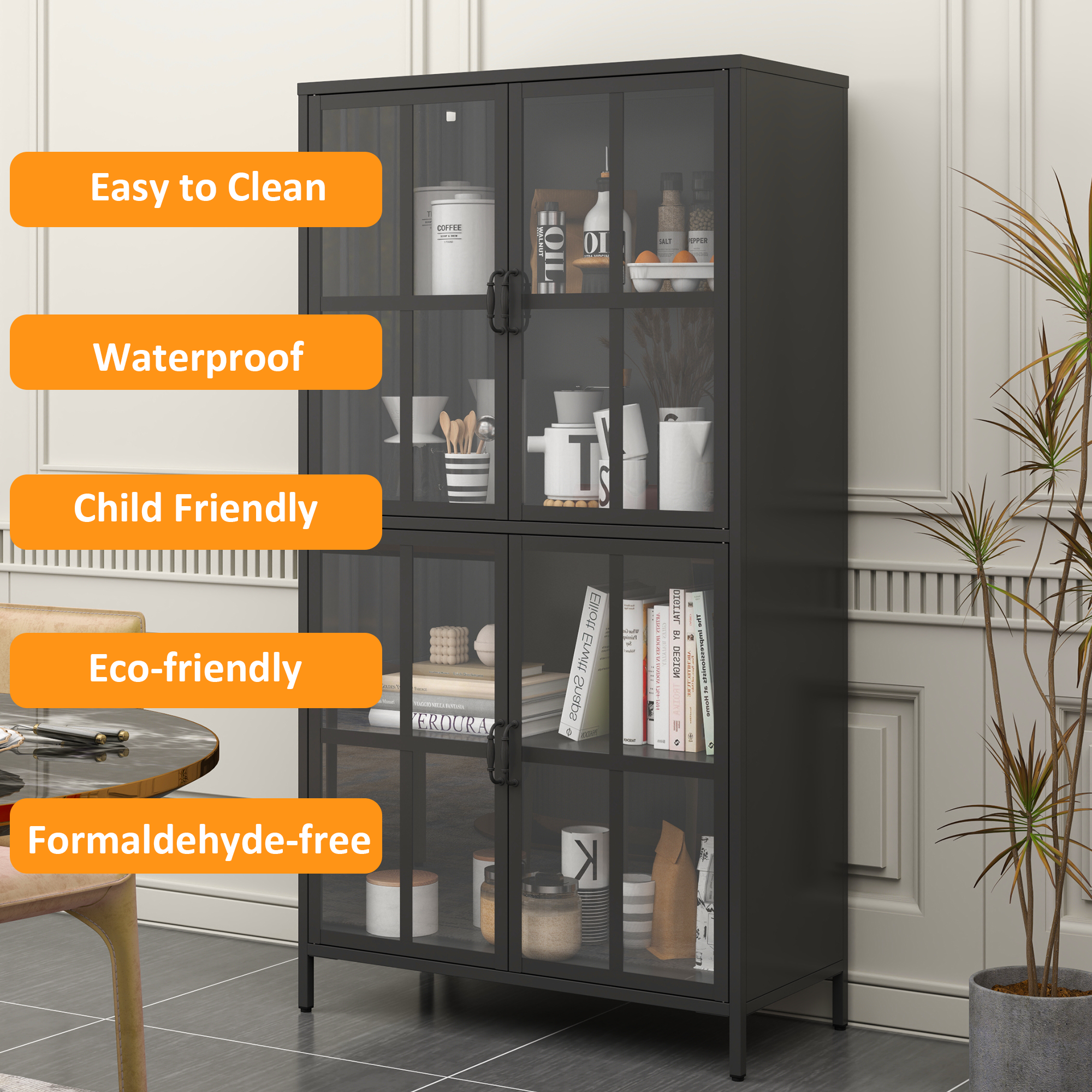 Premium Black Metal Storage Cabinet with Tempered Glass Doors, Adjustable Shelves, and Anti-Tipping Device
