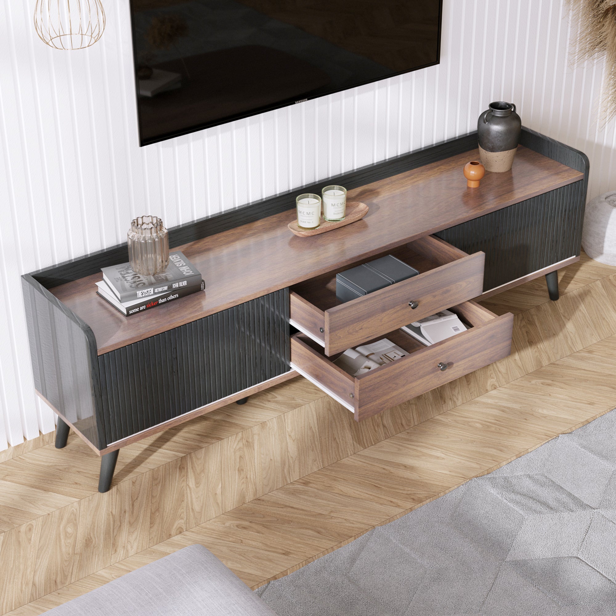 63'' Mid Century TV Stand with 2 Cabinets&  Open Compartments, Entertainment Center for TVs up to 70'', Television Console for Living Room, Bedroom, Home Theatre