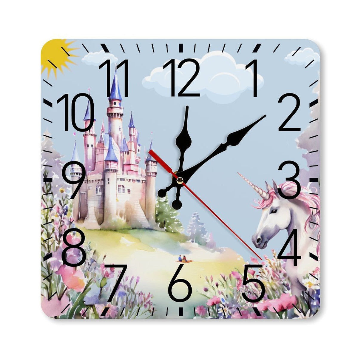 Purple Unicorn and Castle Square Wall Clock with Numbers | Ships from USA