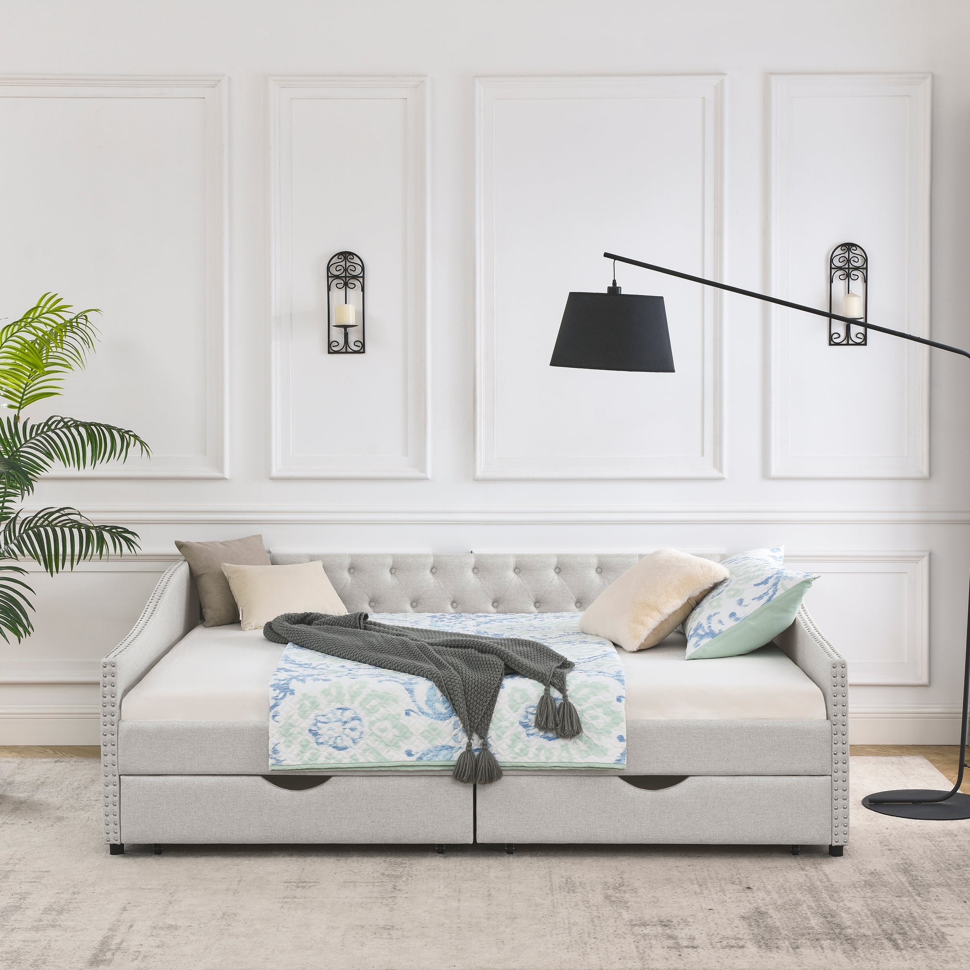 Queen Size Daybed with Drawers Upholstered Tufted Sofa Bed,,with Button on Back and Copper Nail on Waved Shape Arms, Beige (84.5'x63.5'x26.5')