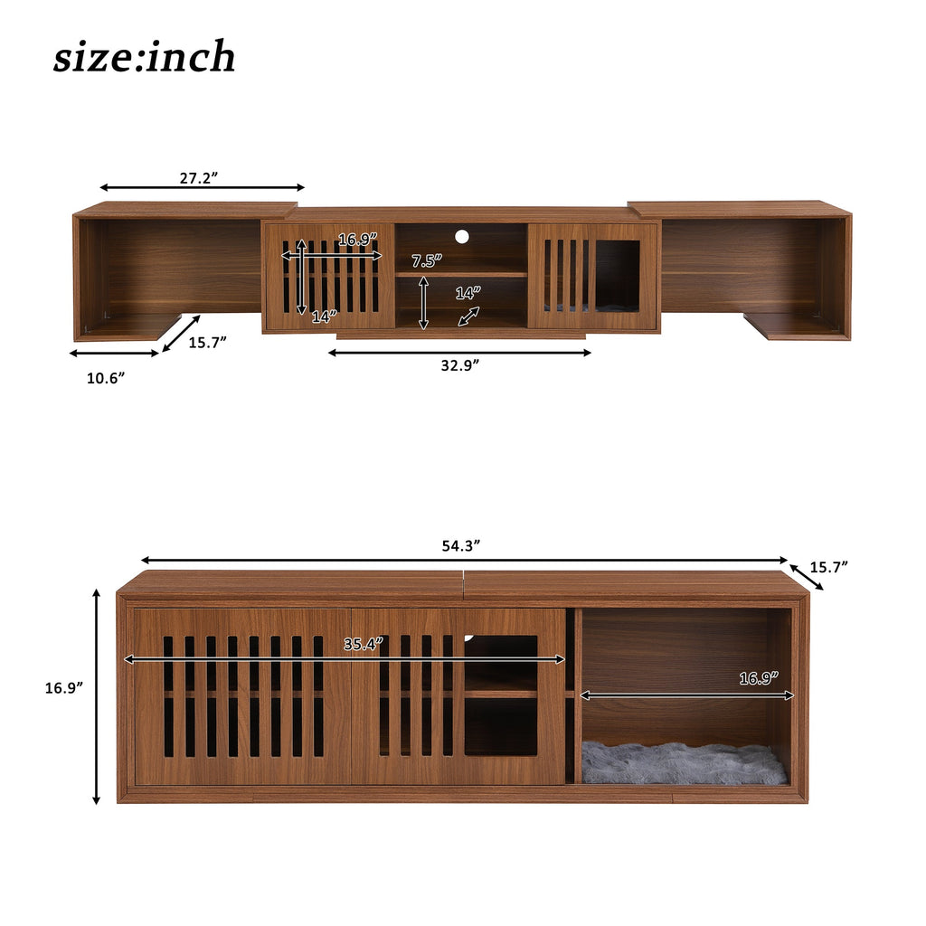 Mid-Century Modern 2 in 1 Cat Furniture, Cat House Litter Box Enclosure Walnut TV Stand With Extendable table, Sliding door. Wood TV Cabinet with Storage