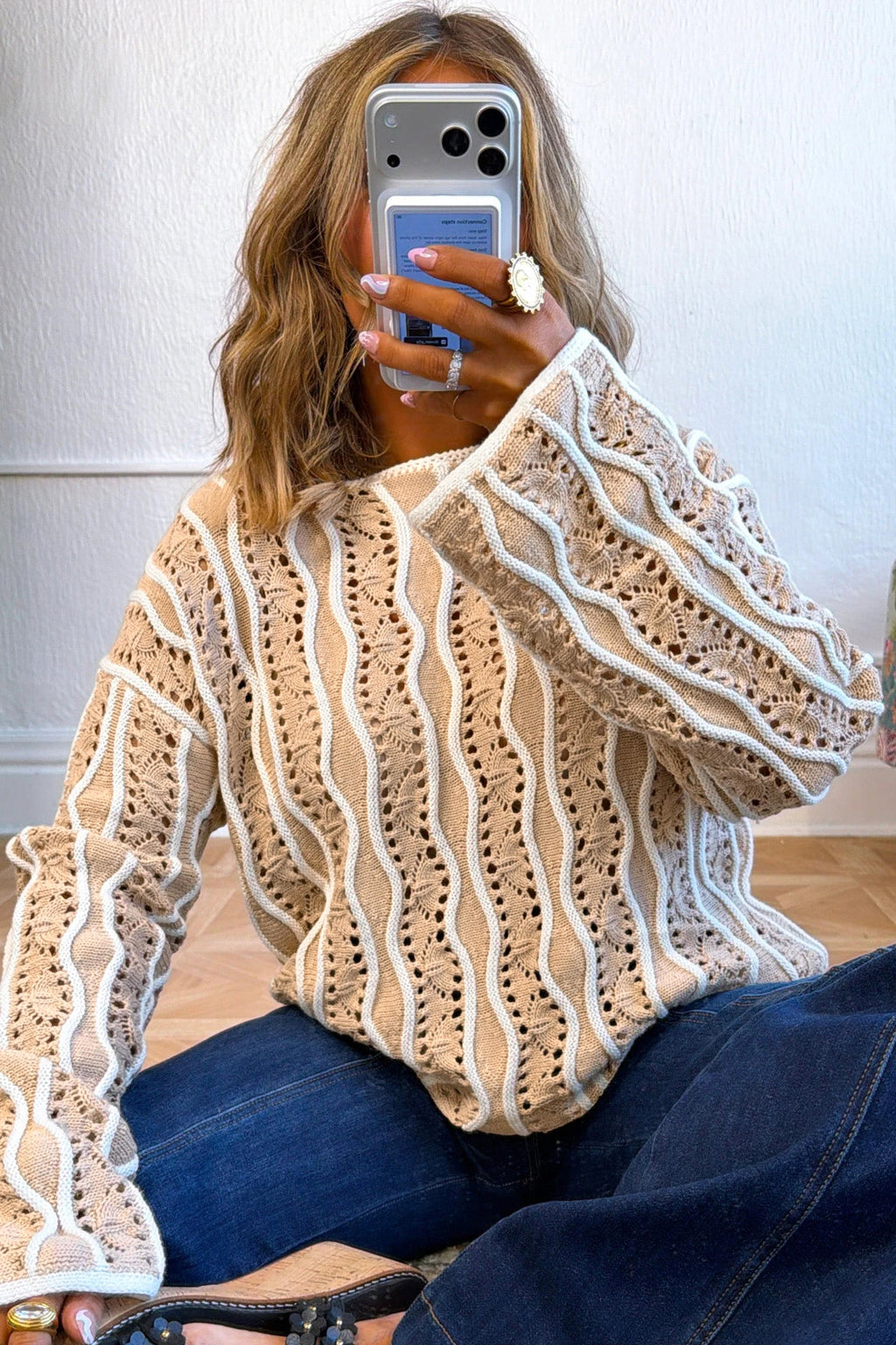 Colorblock Wavy Pointelle Knit Long Sleeve Sweater