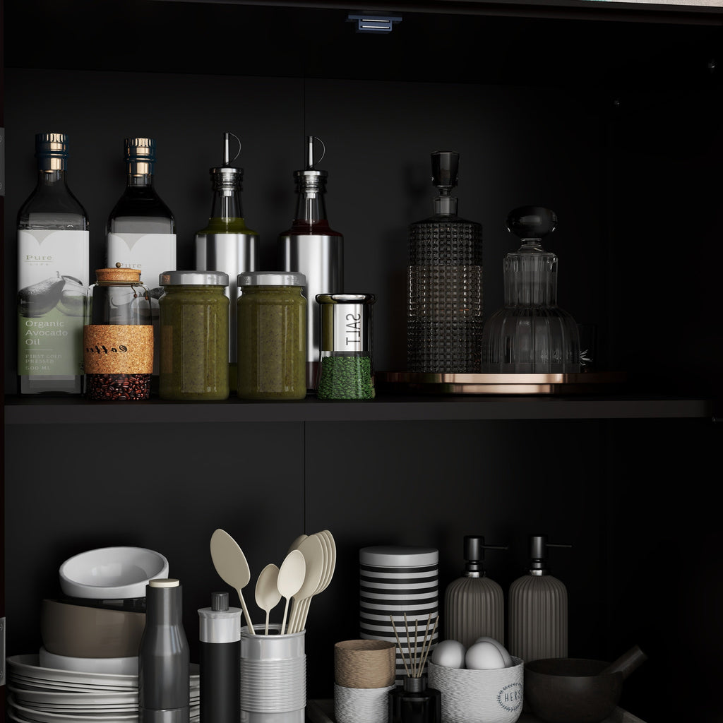 Minimalist Buffet Cabinet with Double Glass Doors and Drawer, Modern Wooden Storage Sideboard in Black