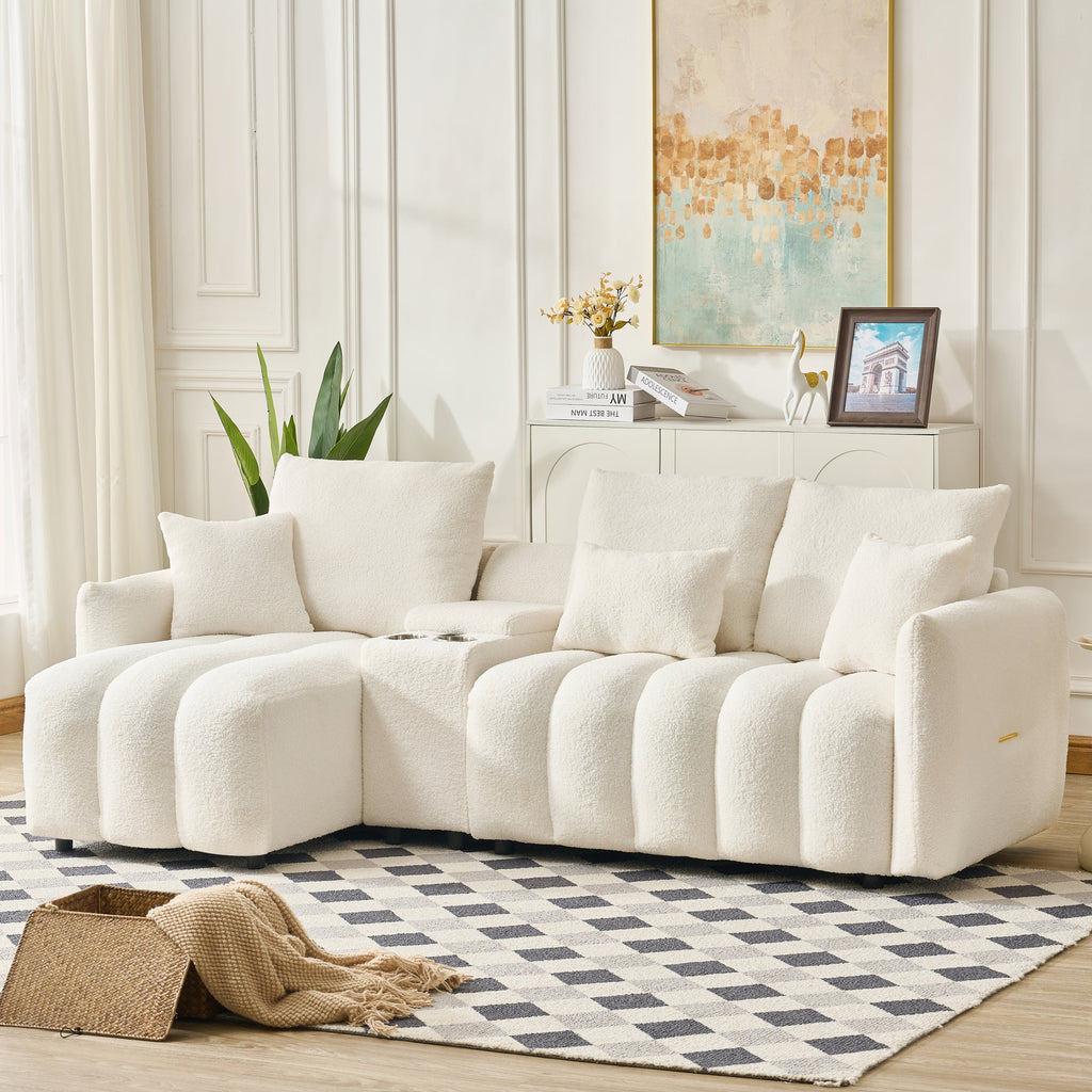 92-inch high-quality teddy fur fabric corner sofa, with USB port, center console and coffee table. A super large cushioned sofa, suitable for grand living rooms, apartments and offices.