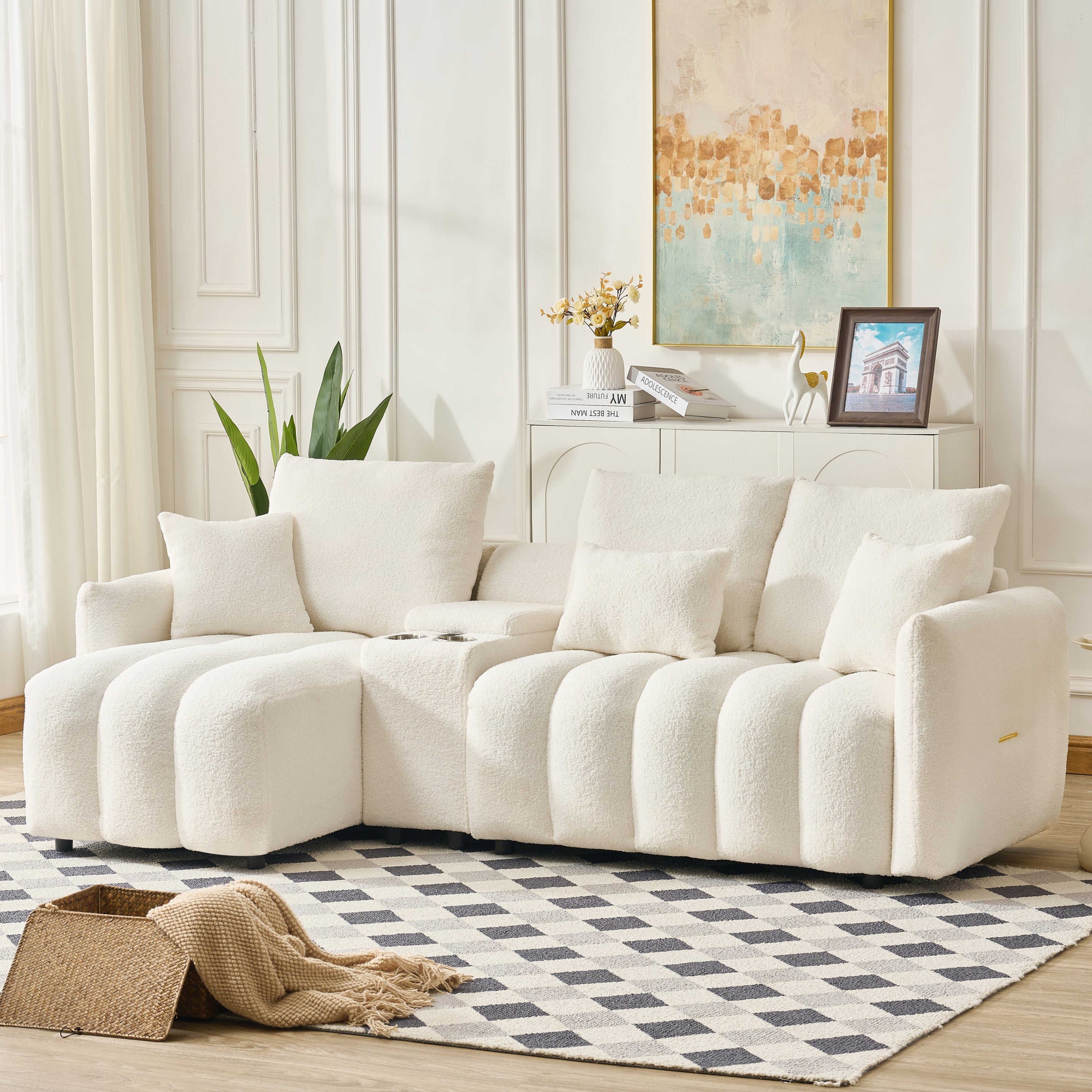 92-inch high-quality teddy fur fabric corner sofa, with USB port, center console and coffee table. A super large cushioned sofa, suitable for grand living rooms, apartments and offices.