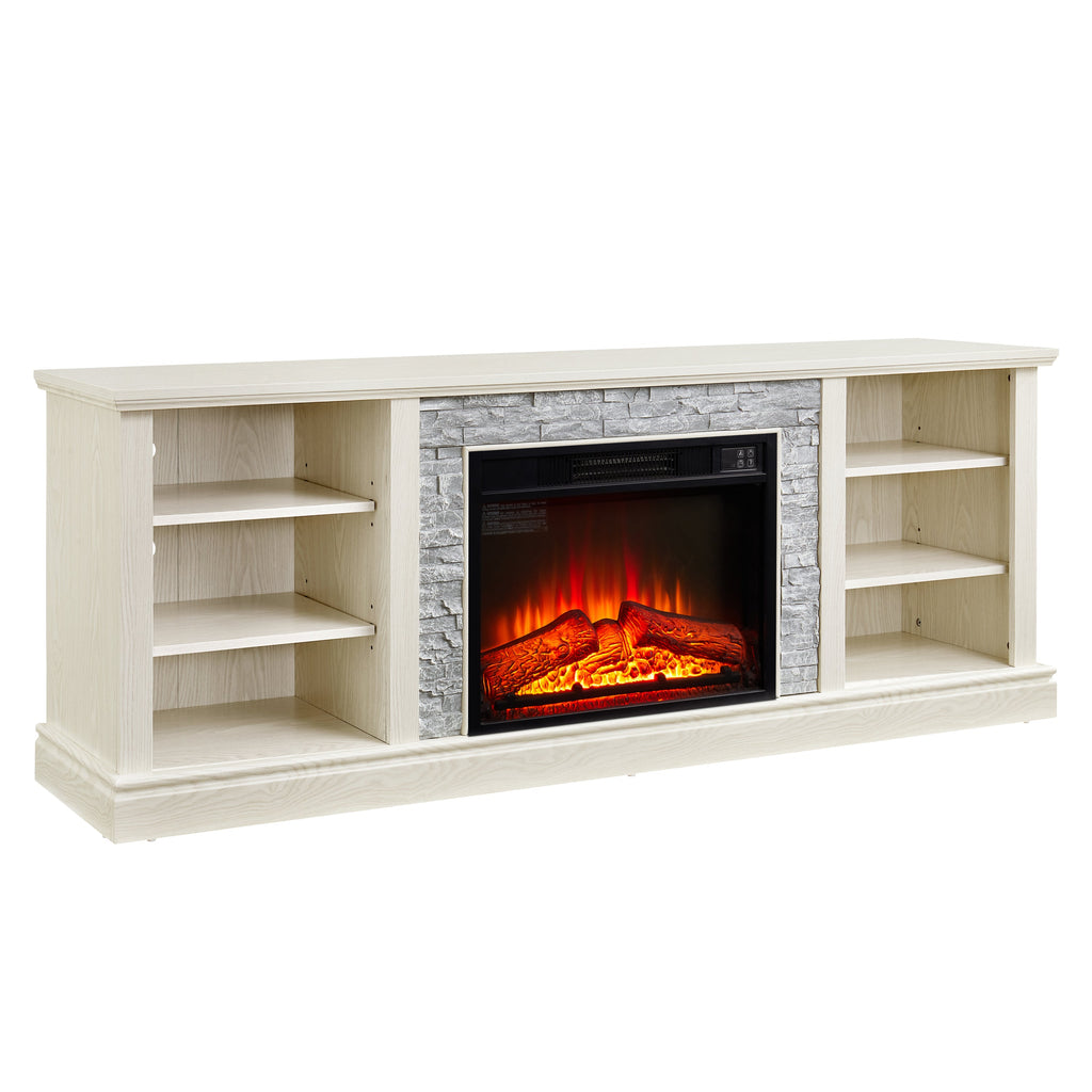 Large Faux Stacked Stone TV Desk Storage Rack, Media Console Table with Large Storage Cabinet,Modern  TV Media Stand with 23' Fireplace Insert,White, 70.12'W*15.35'D*25.83'H