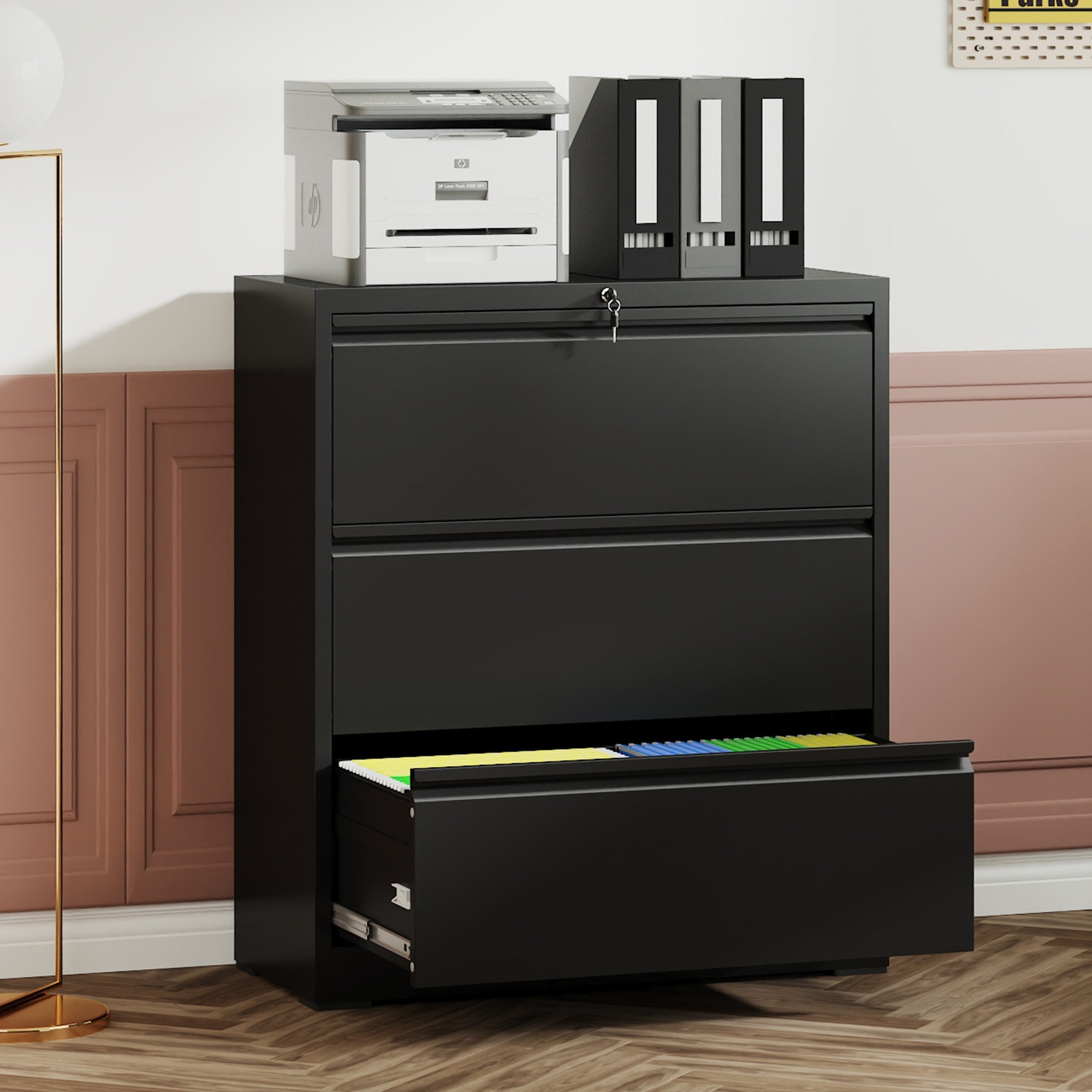 3 Drawer Lateral File Cabinet with Lock – Heavy-Duty Metal Filing Cabinet for Home Office, Wide Storage for Letter/Legal/A4/F4, Silent Full-Extension Slides, Anti-Tilt Safety