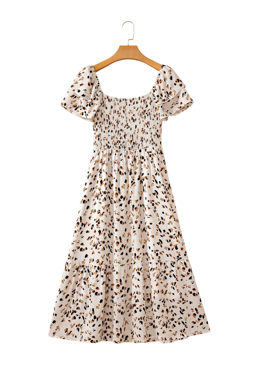 Leopard Smocked Square Neck Ruffle Sleeve Dress
