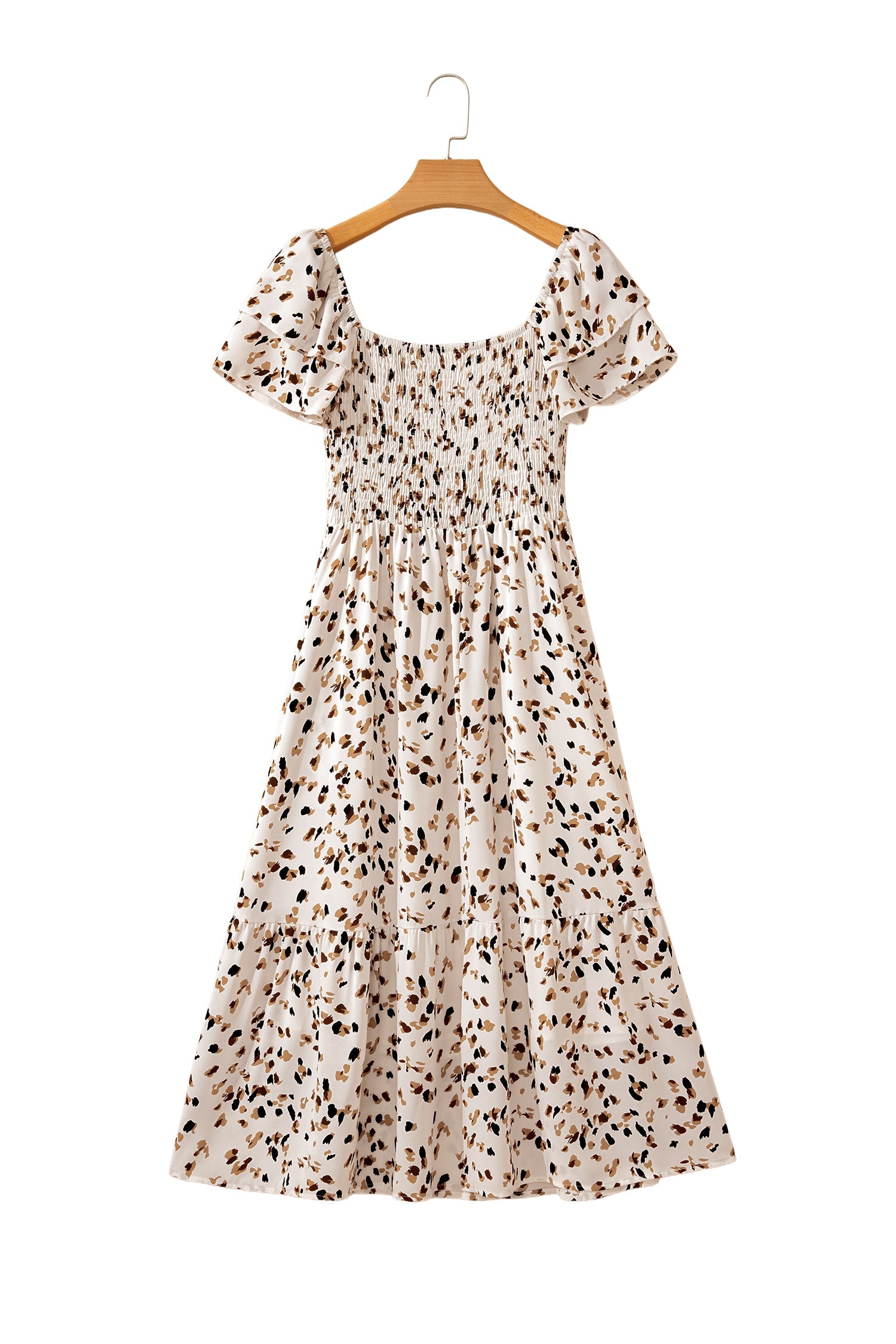 Leopard Smocked Square Neck Ruffle Sleeve Dress