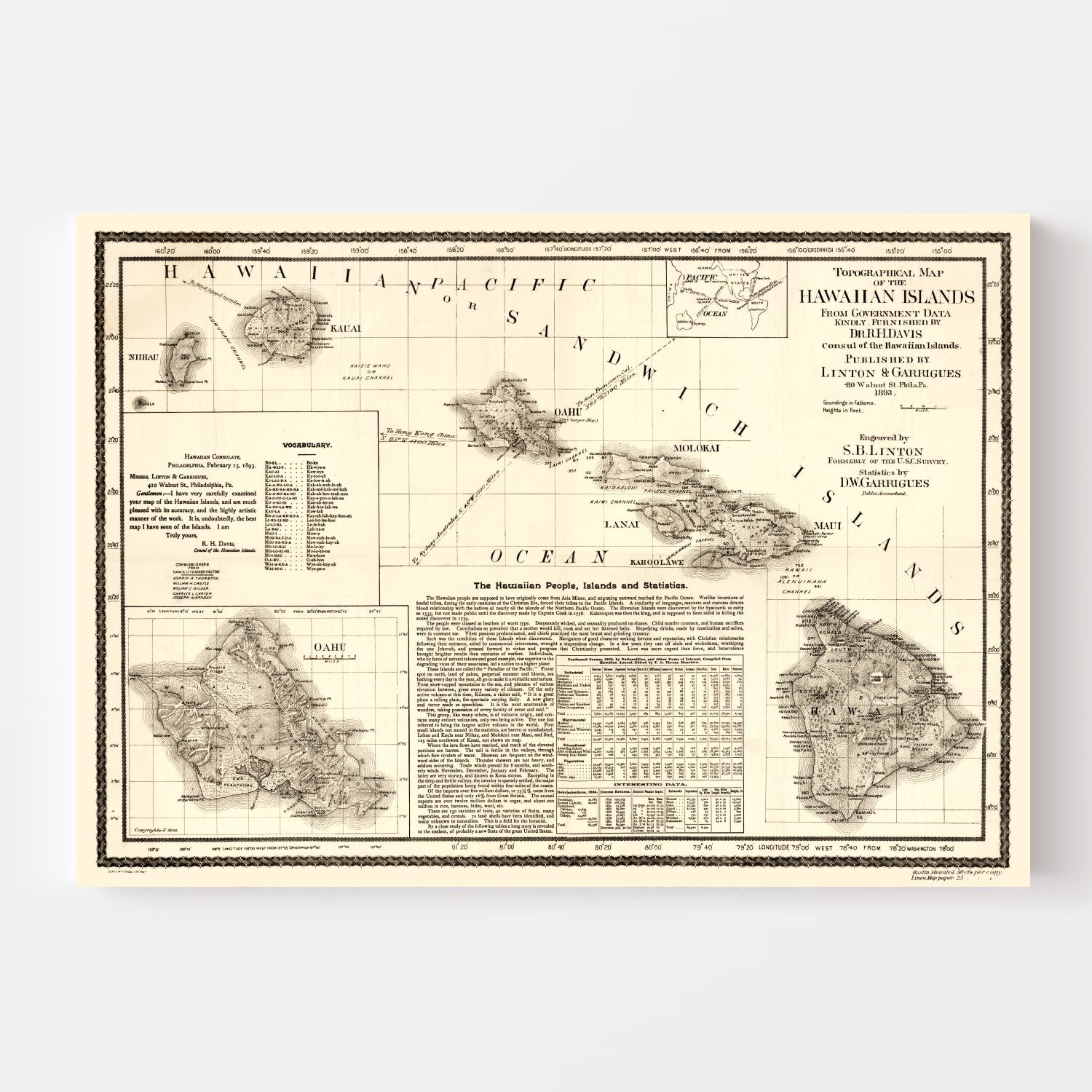 Vintage Map of Hawaii 1893