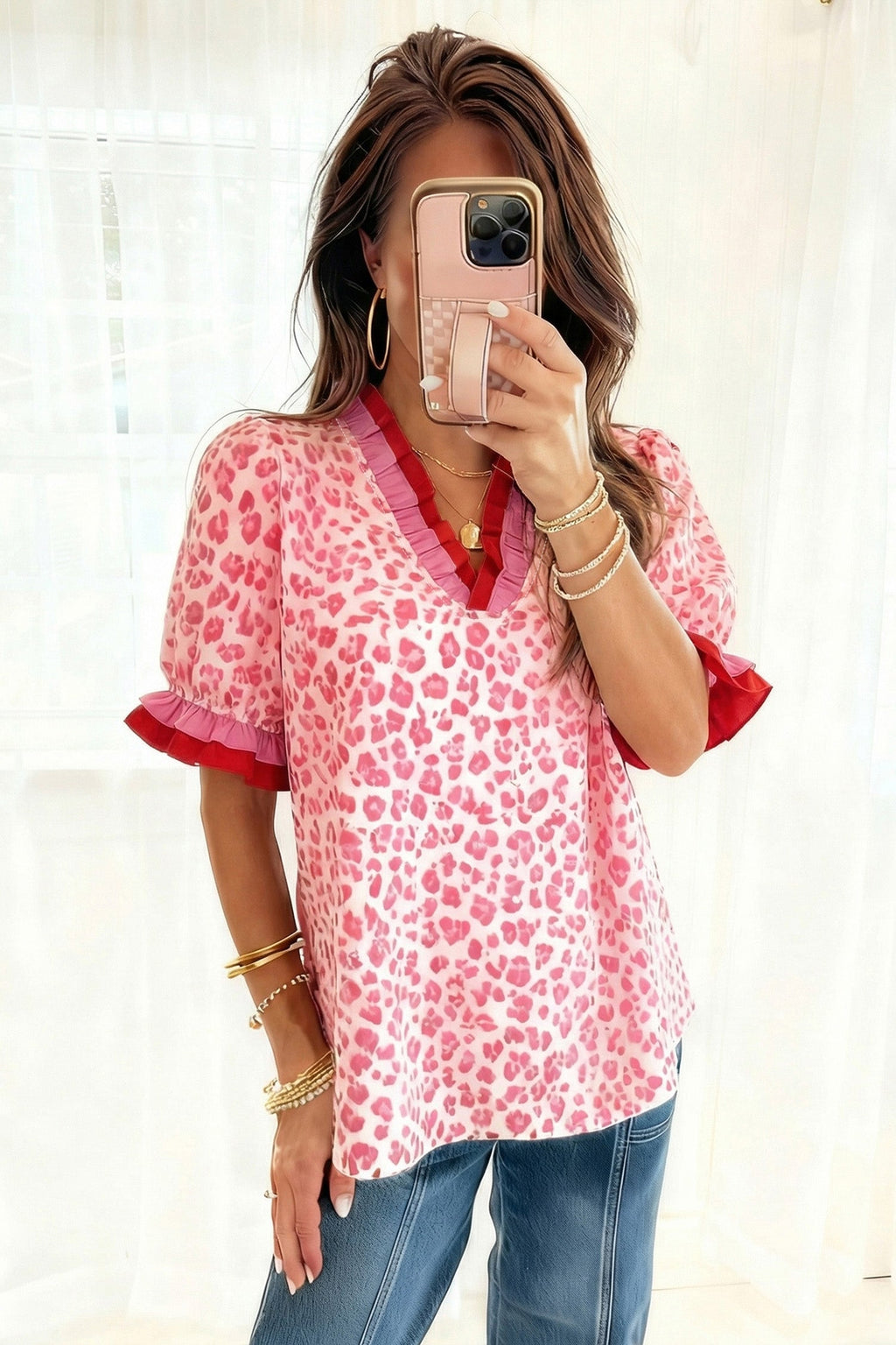 Leopard Ruffle Trim V-Neck Short Sleeve Blouse