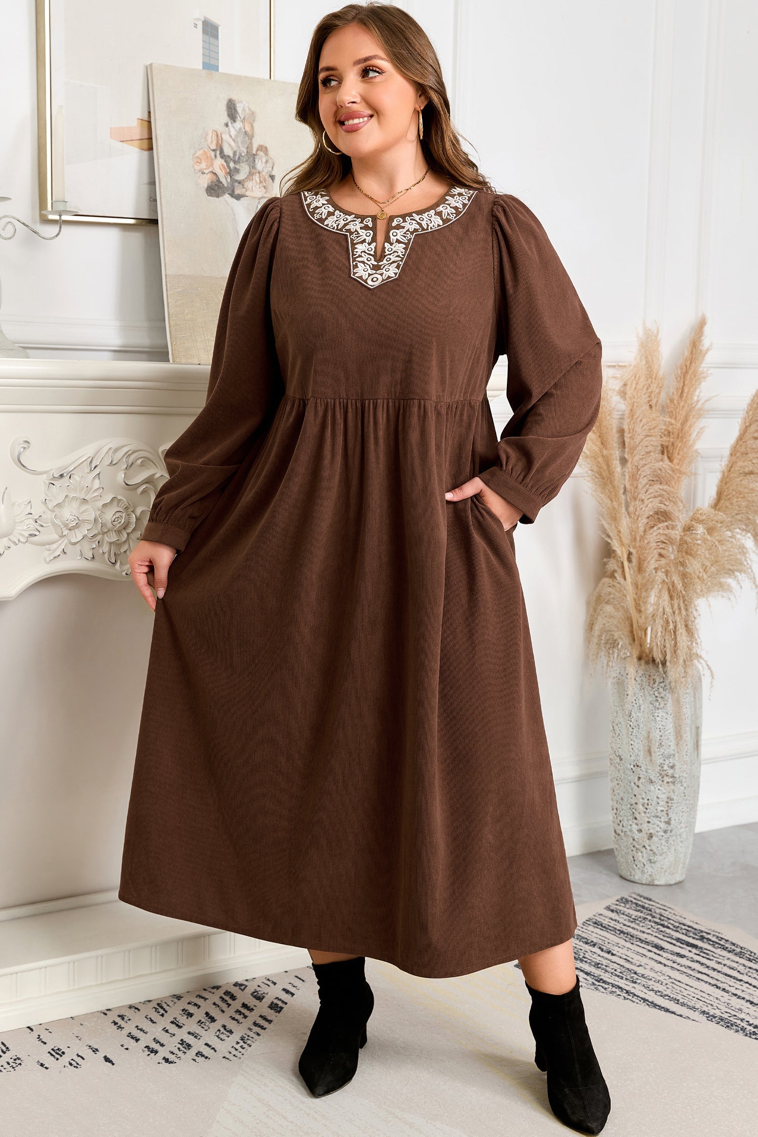 Plus Size Textured Corduroy Embroidered Neckline Midi Dress