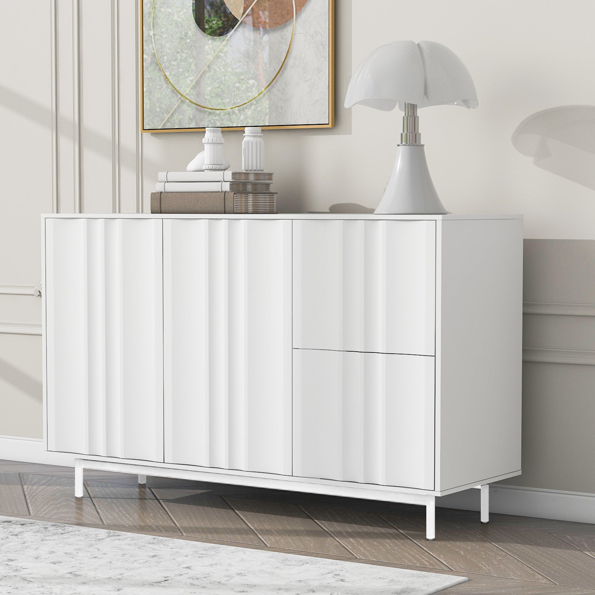 47.2' Buffet Sideboard Cabinet with 2 Doors And Drawers, Adjustable Shelf, Metal Legs Wave Pattern Kitchen Pantry Cabinets for Dining Room, Bedroom, Living Room