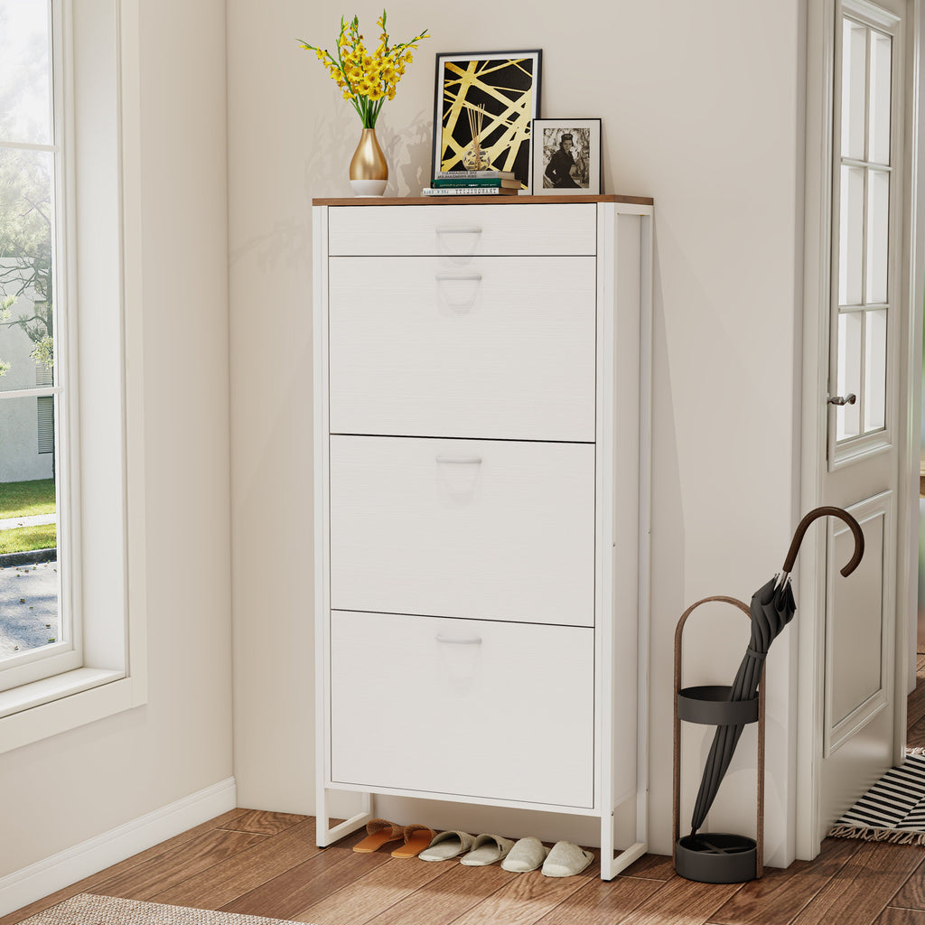 Shoe Storage Cabinet with 3 Flip Drawers&1 Drawer, Slim Freestanding Storage Racks for Entryway, Hallway, Hidden Narrow Shoe Organizers Perfect for Heels, Boots, Slippers, white/Walnut