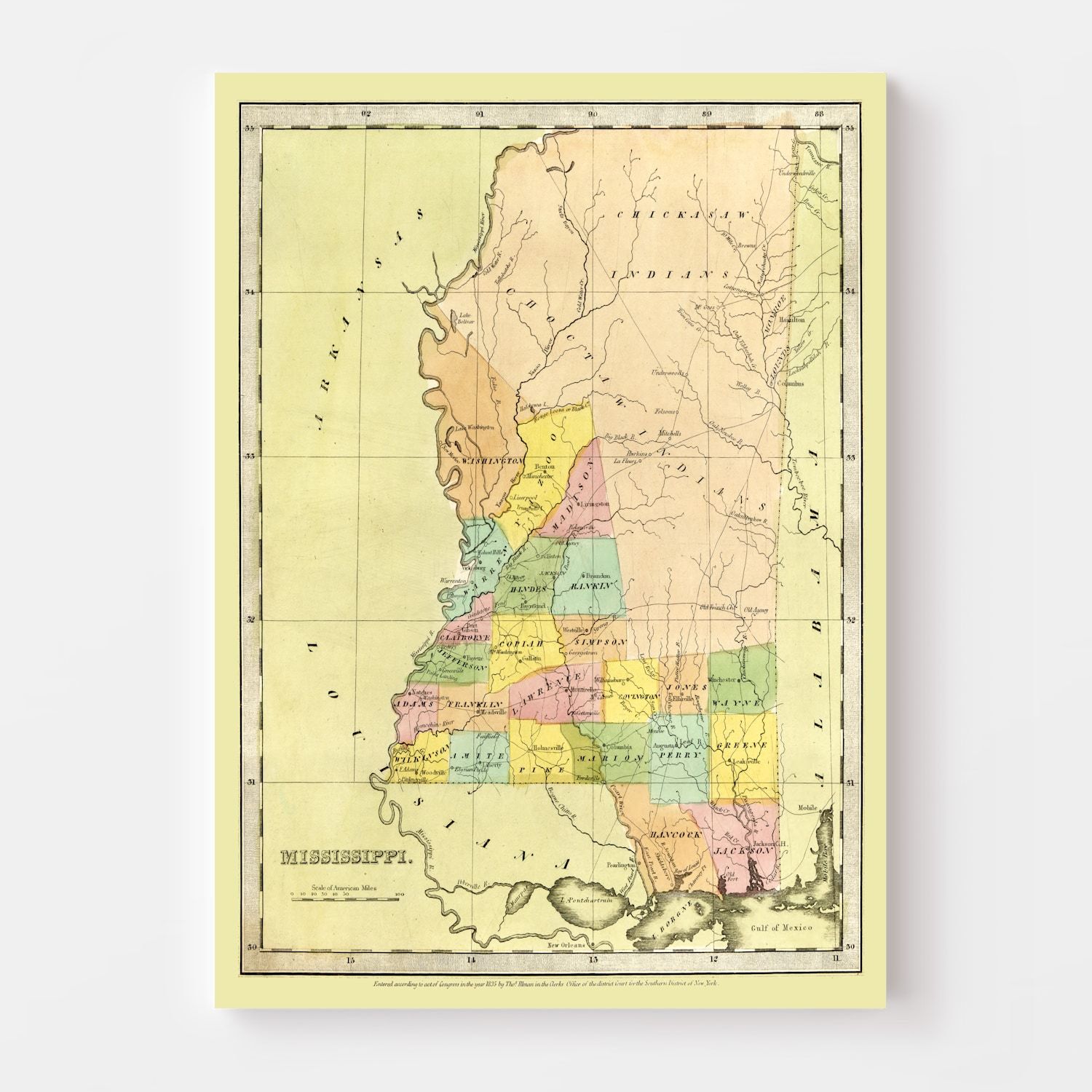 Vintage Map of Mississippi 1835
