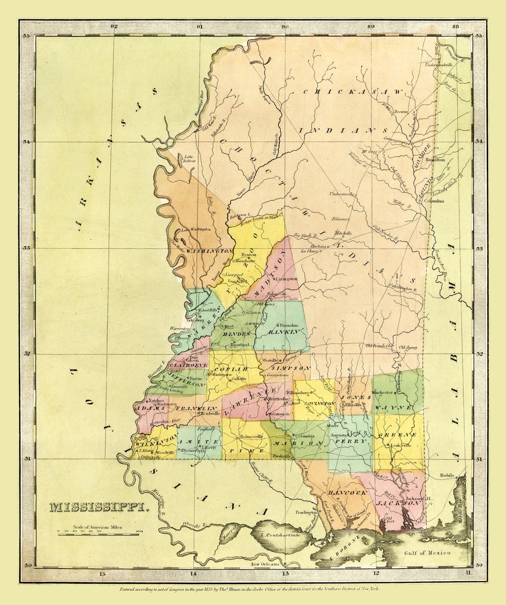 Vintage Map of Mississippi 1835