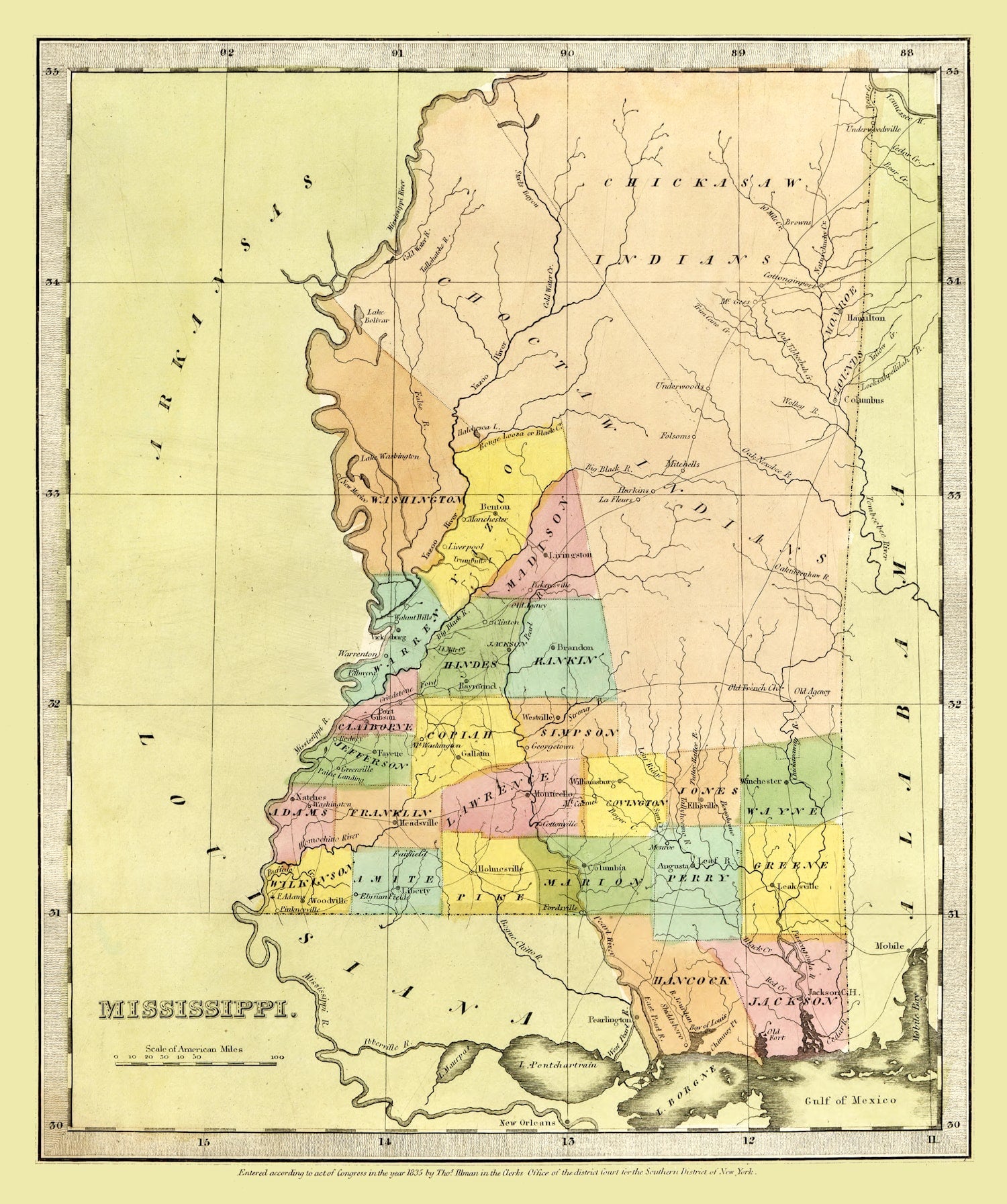 Vintage Map of Mississippi 1835