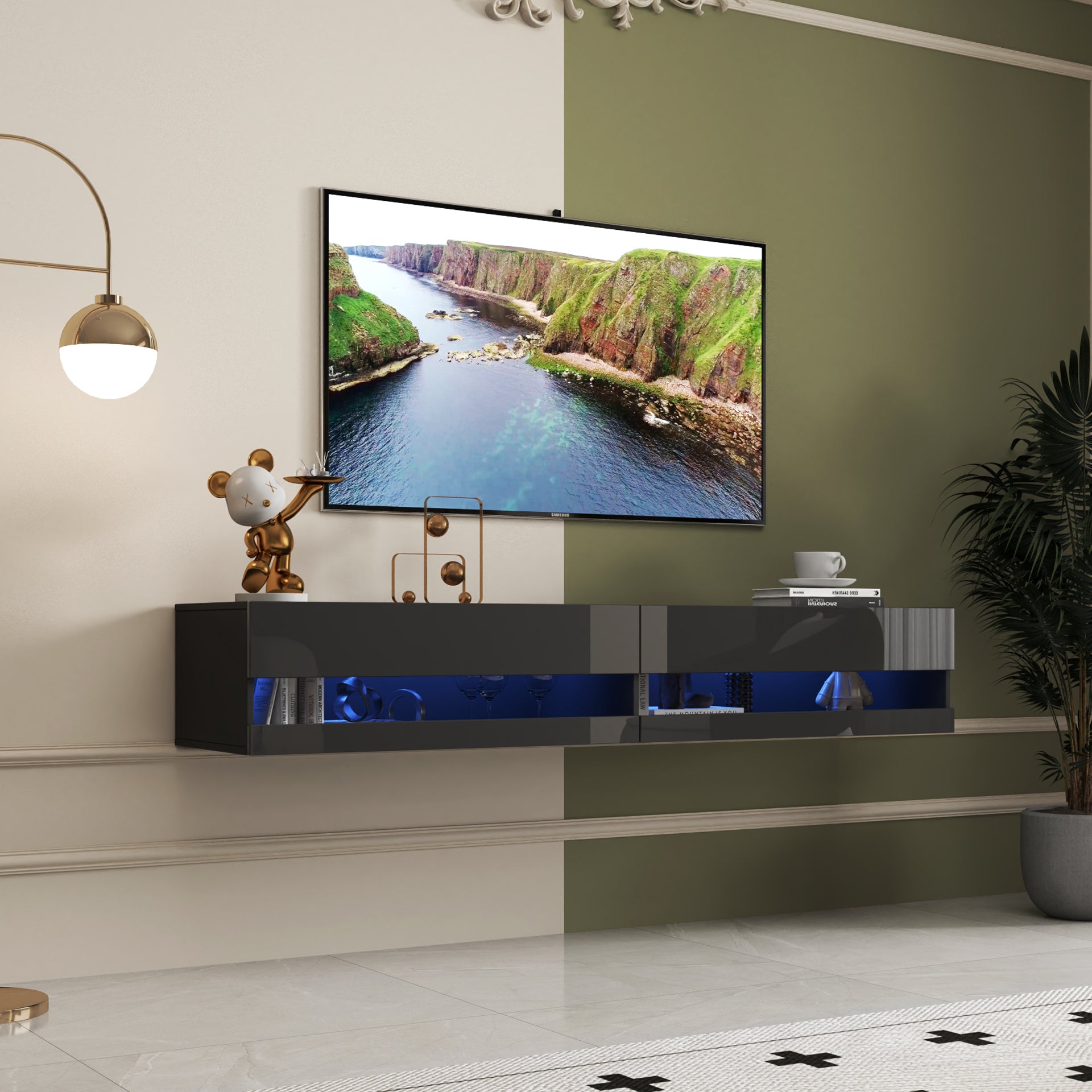 180 Wall Mounted Floating 80' TV Stand with 20 Color LEDs  and  Charging Station