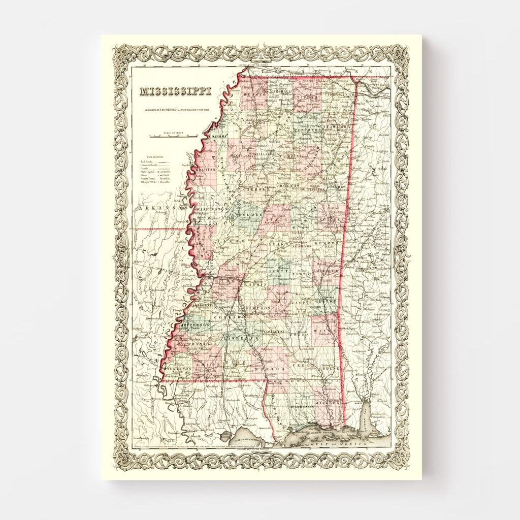 Vintage Map of Mississippi 1855