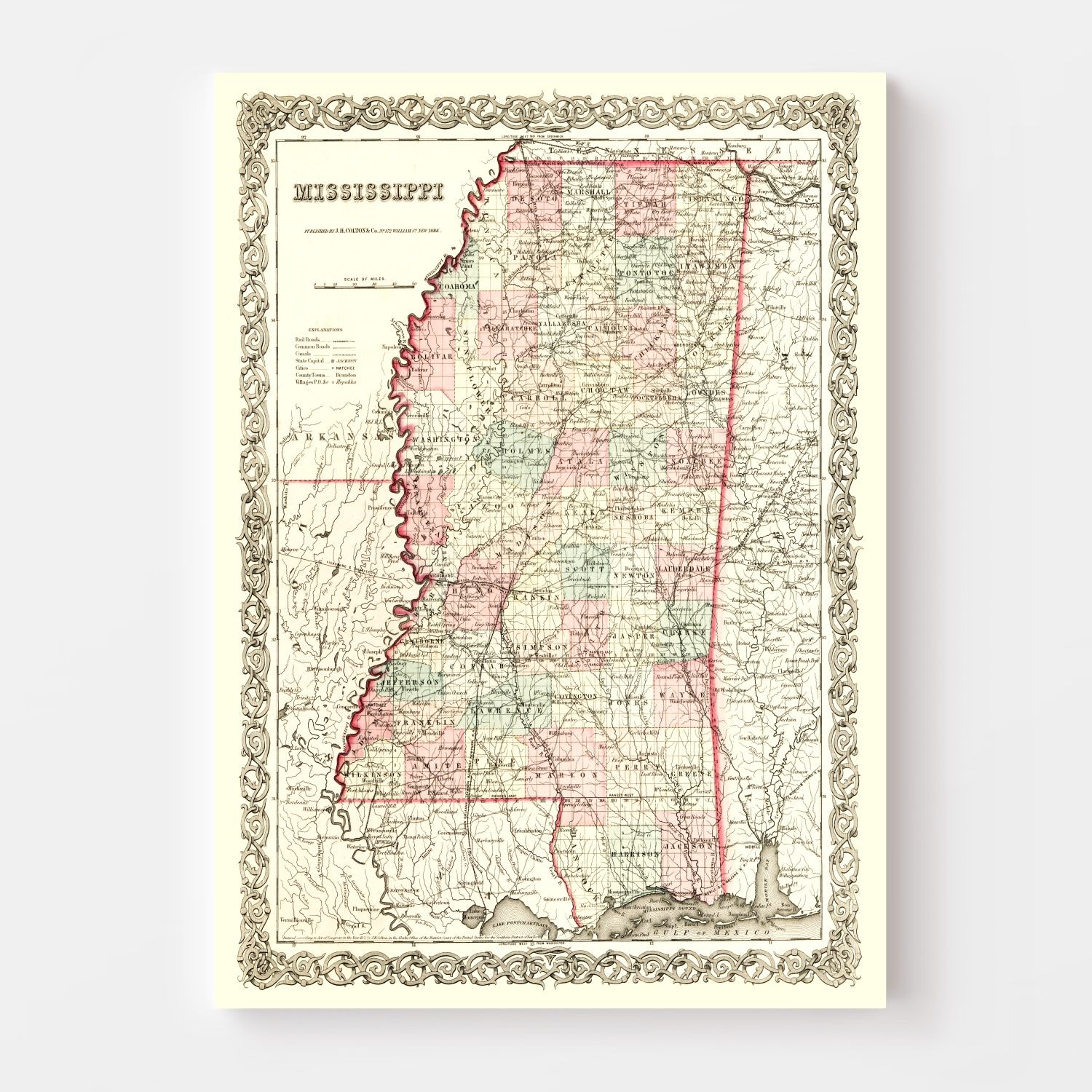 Vintage Map of Mississippi 1855