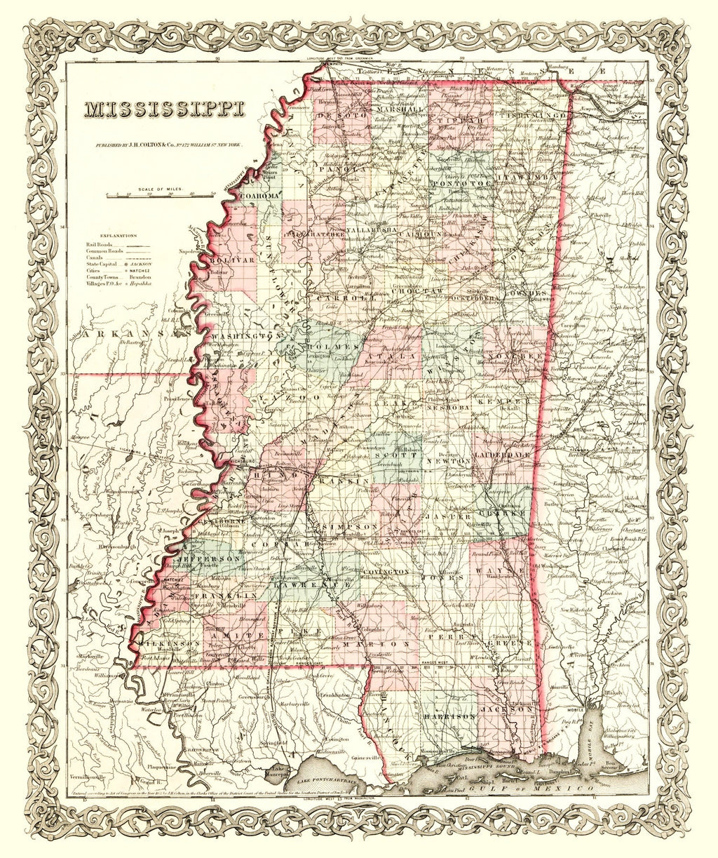 Vintage Map of Mississippi 1855
