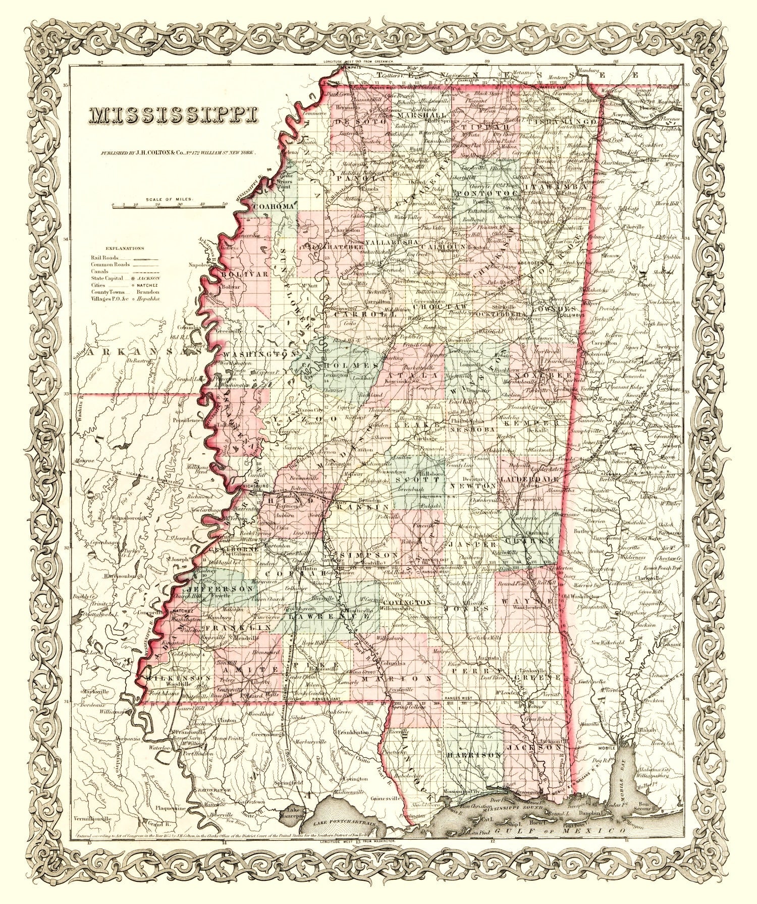 Vintage Map of Mississippi 1855
